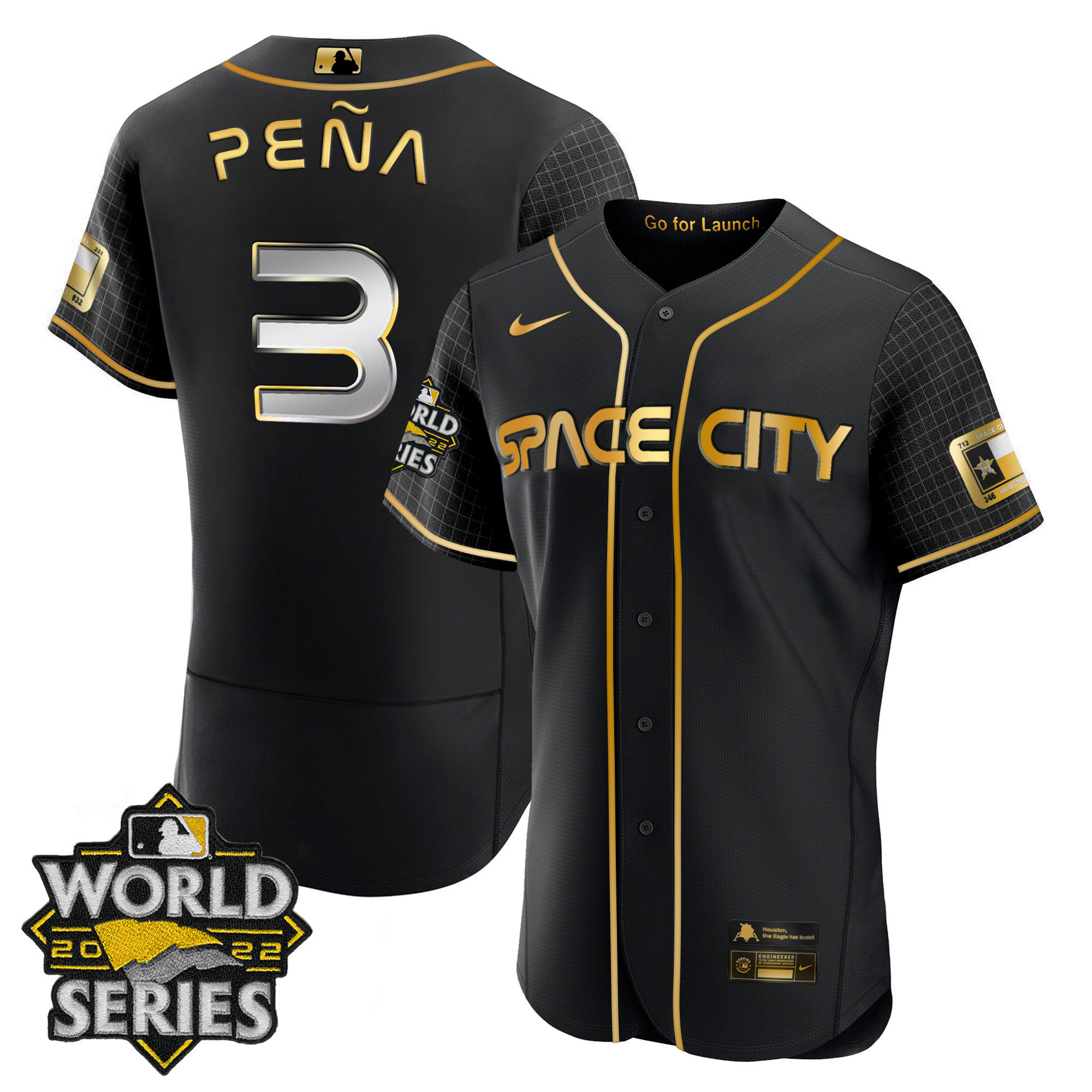 Jeremy Pena Men's Houston Astros Space City Gold 2022 World Series Flex Black Jersey - All Stitched
