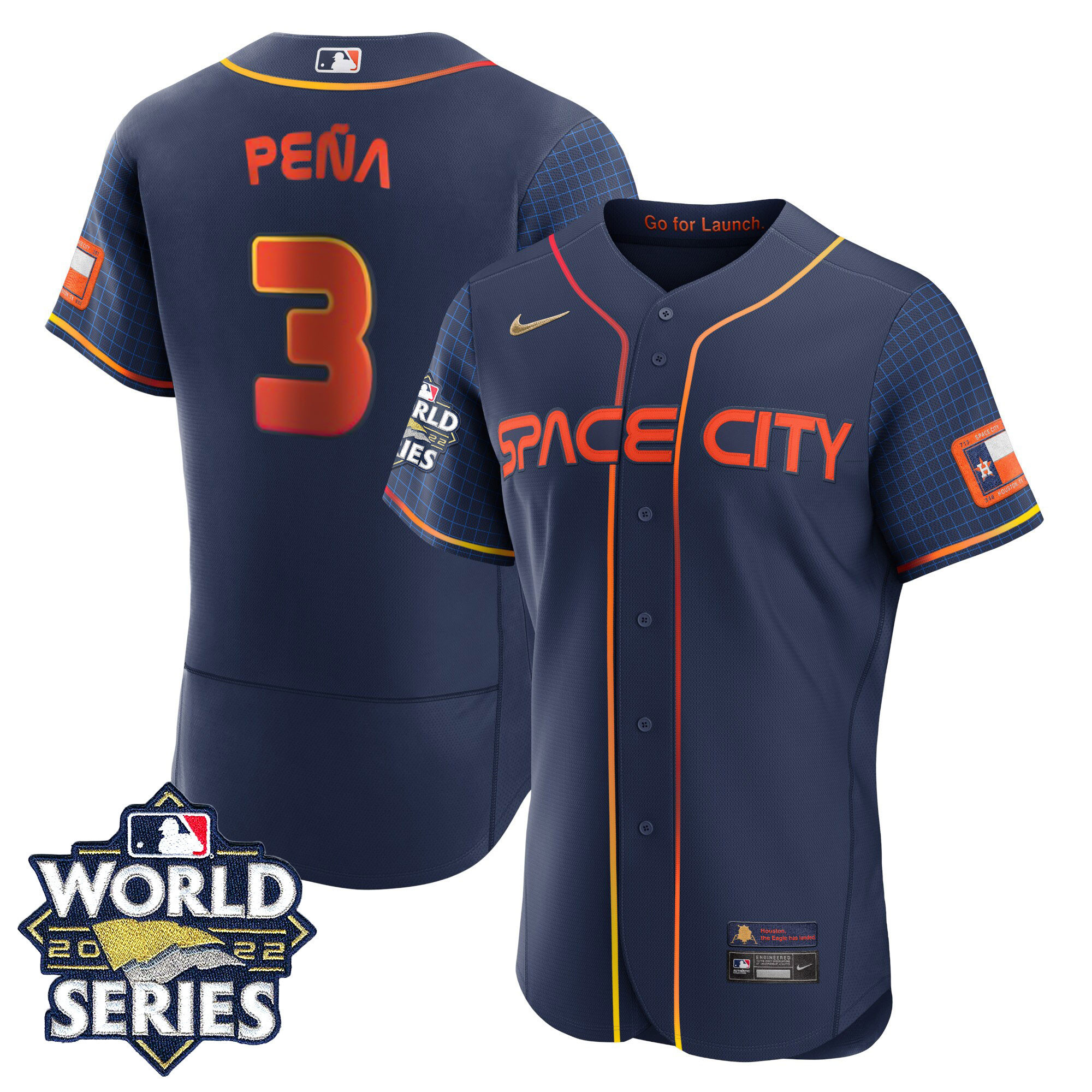 Jeremy Pena Men's Houston Astros Space City Gold 2022 World Series Flex Navy Jersey - All Stitched