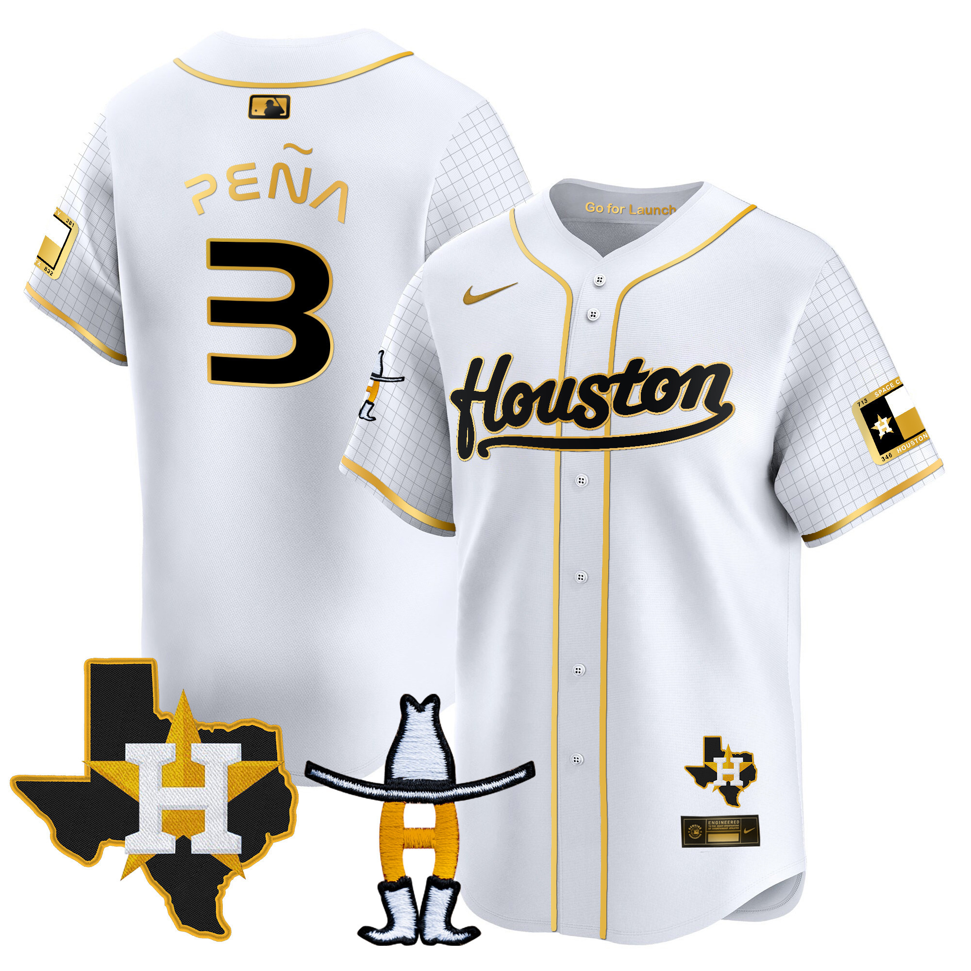 Jeremy Pena Men's Houston Astros Space City Houston Rodeo Patch Vapor Premier Limited White Gold Jersey - All Stitched