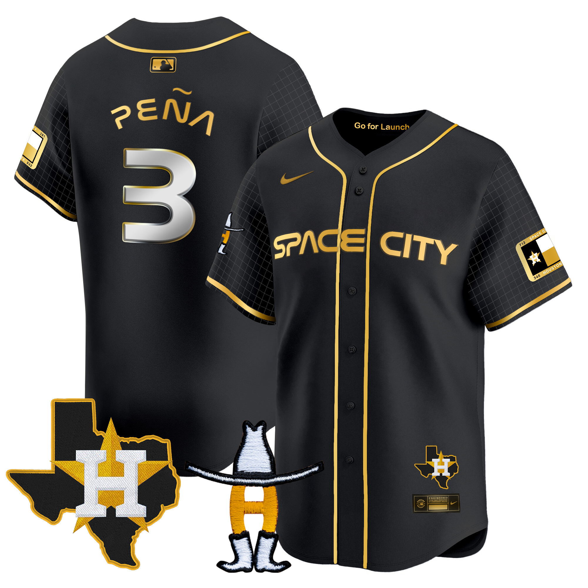Jeremy Pena Men's Houston Astros Space City Texas Patch Vapor Premier Limited Black Gold Jersey - All Stitched