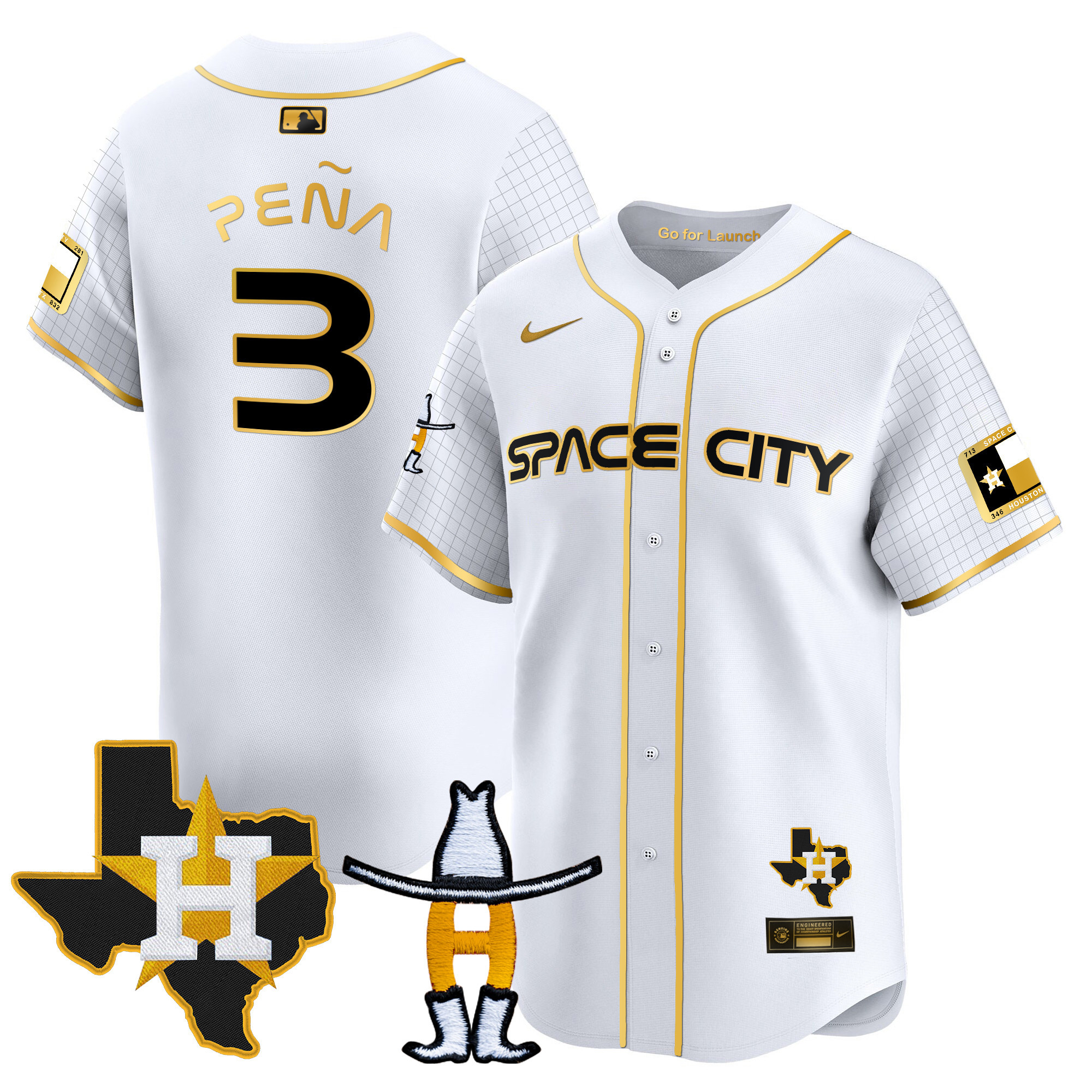Jeremy Pena Men's Houston Astros Space City Texas Patch Vapor Premier Limited White Gold Jersey - All Stitched