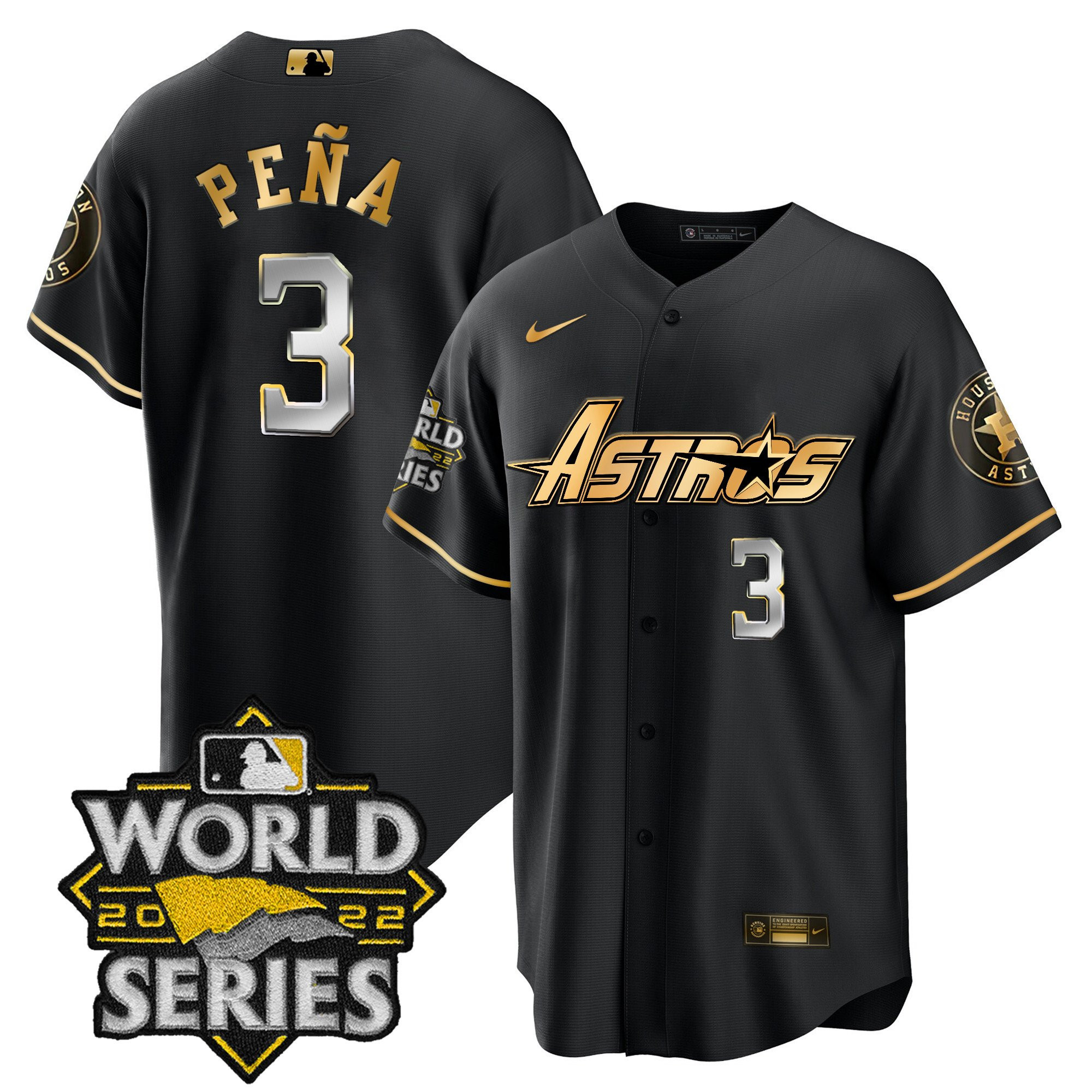 Jeremy Pena Men's Houston Astros World Series & Throwback Patch Gold Cool Black Jersey - All Stitched