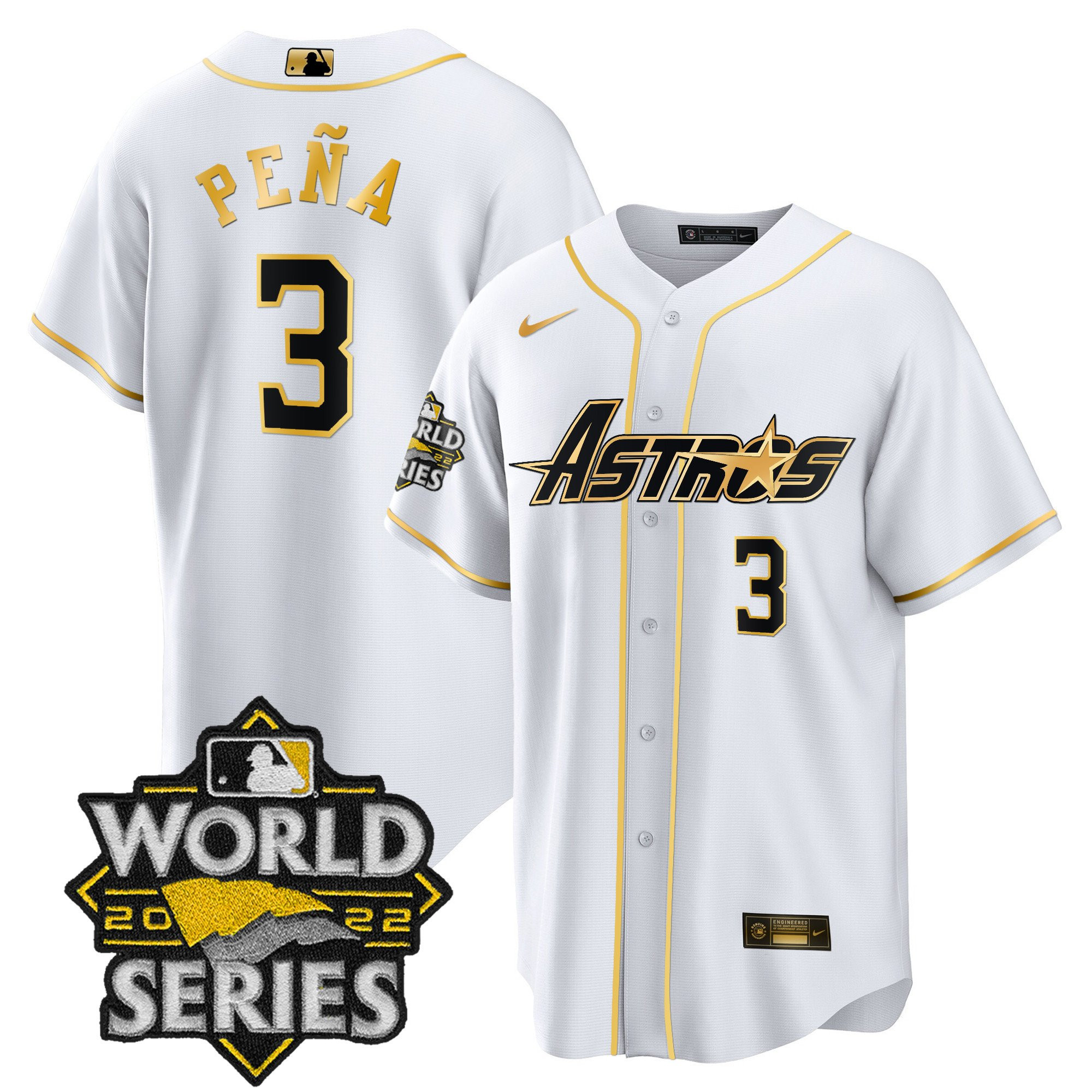 Jeremy Pena Men's Houston Astros World Series & Throwback Patch Gold Cool White Jersey - All Stitched