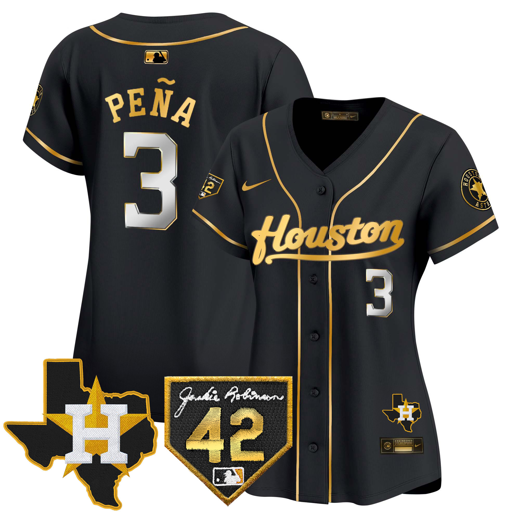Jeremy Pena Women's Houston Astros 2024 Jackie Robinson Patch Vapor Premier Limited Black Gold Jersey - All Stitched