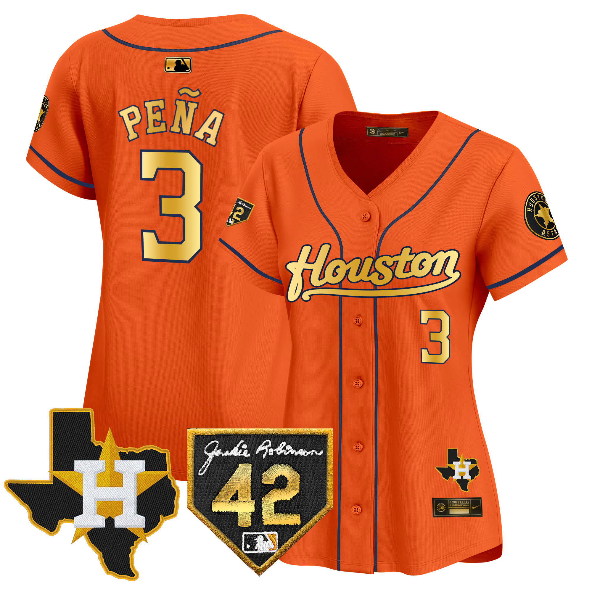 Jeremy Pena Women's Houston Astros 2024 Jackie Robinson Patch Vapor Premier Limited Orange Gold Jersey - All Stitched