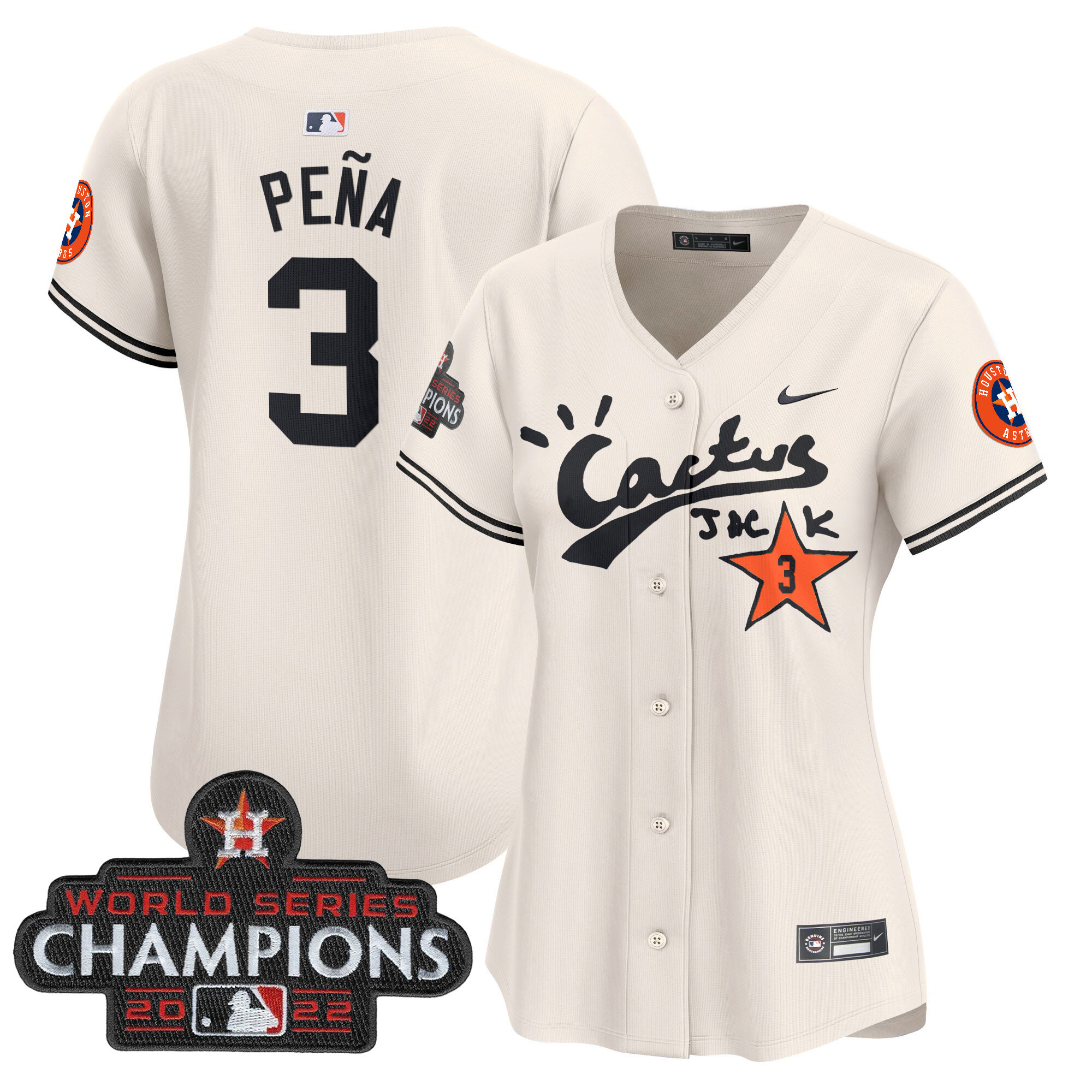 Jeremy Pena Women's Houston Astros Cactus Jack Champions Patch Vapor Premier Limited Cream Jersey - All Stitched