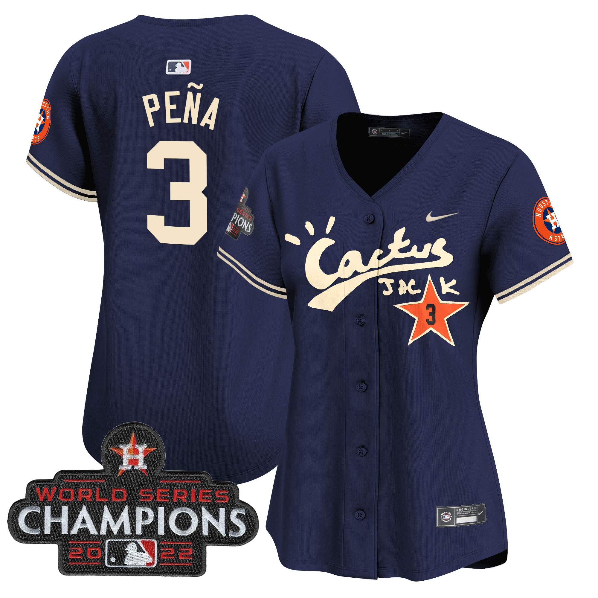 Jeremy Pena Women's Houston Astros Cactus Jack Champions Patch Vapor Premier Limited Navy Jersey - All Stitched