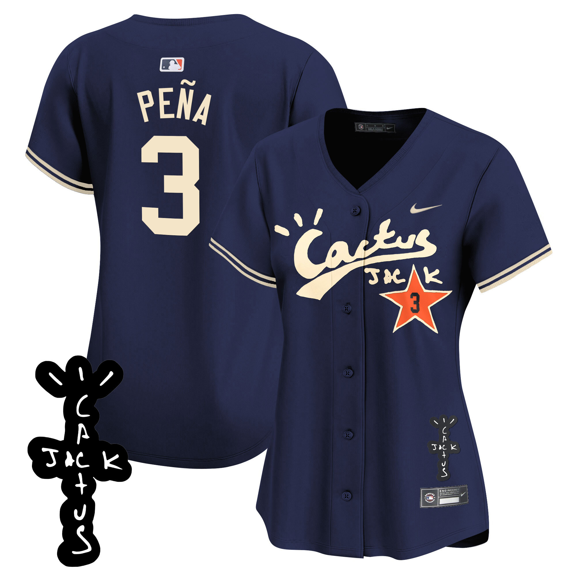 Jeremy Pena Women's Houston Astros Cactus Jack Patch Vapor Premier Limited V2 Navy Jersey - All Stitched