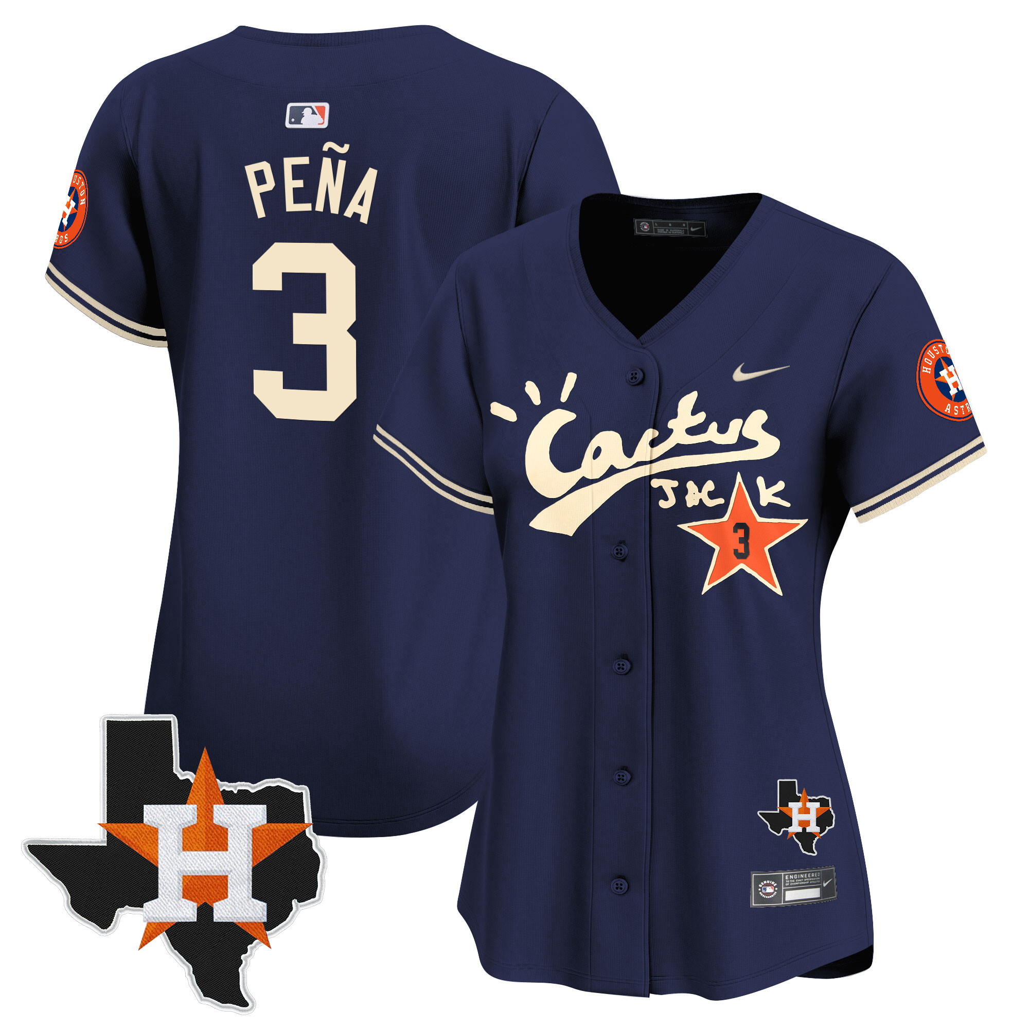 Jeremy Pena Women's Houston Astros Cactus Jack Patch Vapor Premier Limited V7 Navy Jersey - All Stitched