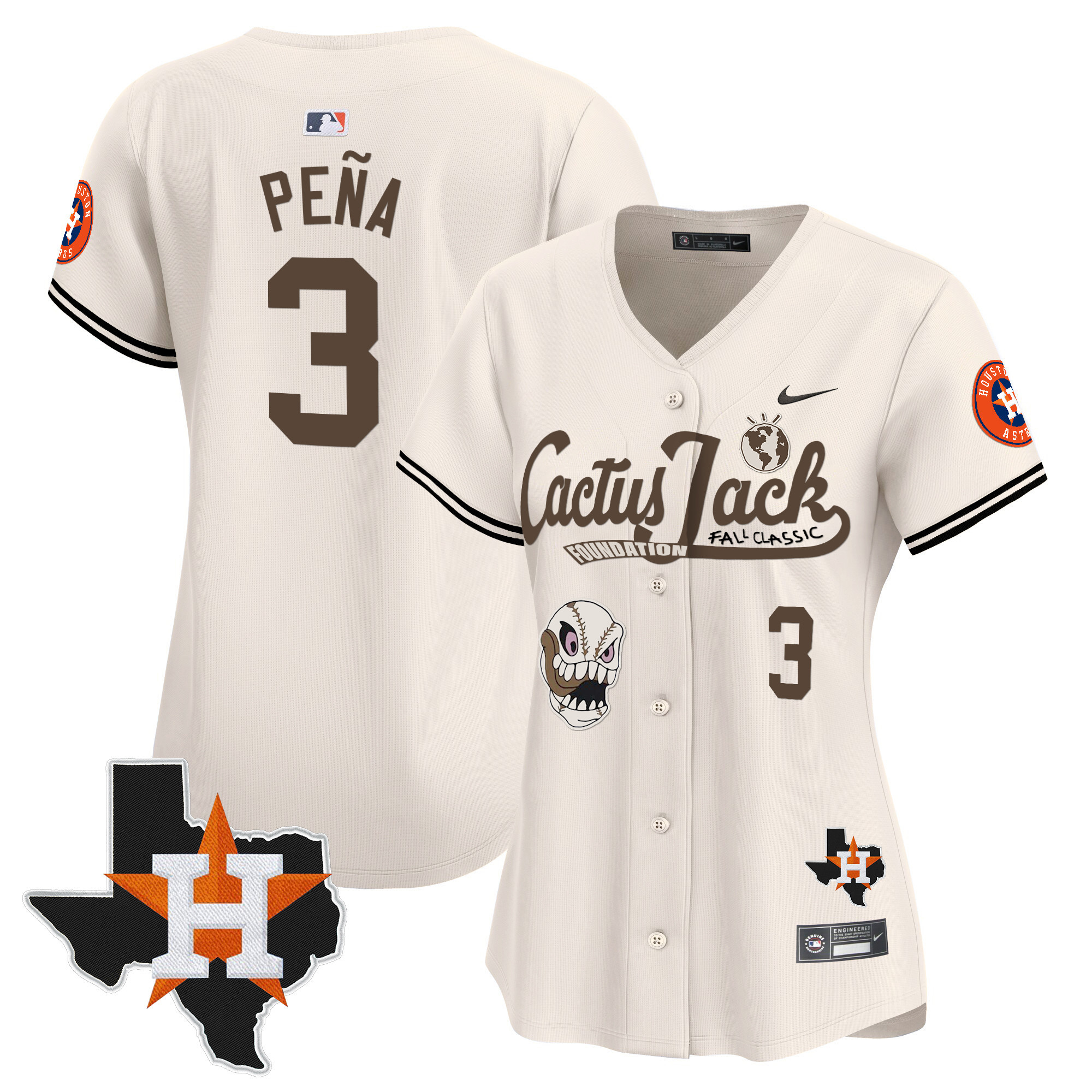 Jeremy Pena Women's Houston Astros Cactus Jack Patch Vapor Premier Limited V8 Cream Jersey - All Stitched