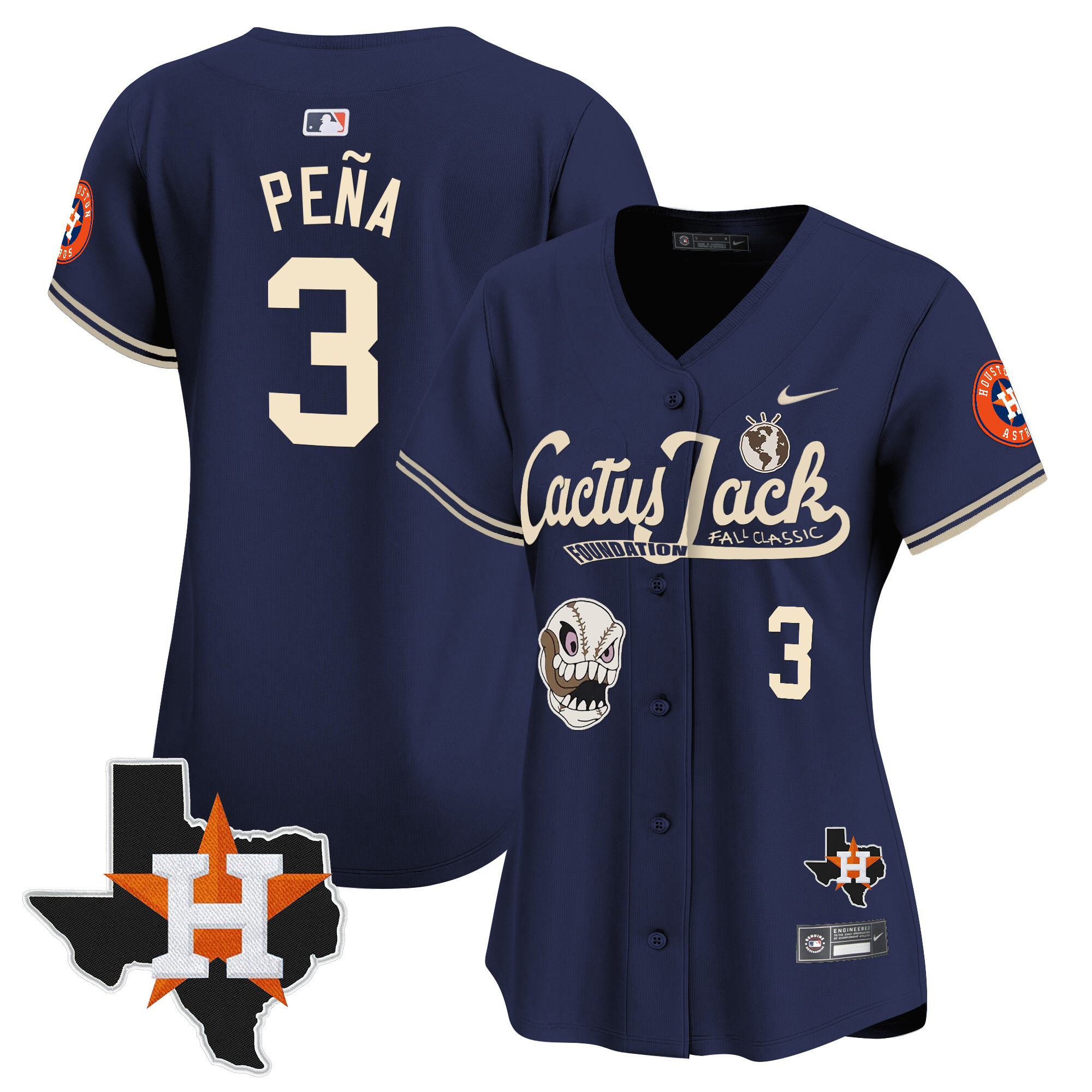 Jeremy Pena Women's Houston Astros Cactus Jack Patch Vapor Premier Limited V8 Navy Jersey - All Stitched
