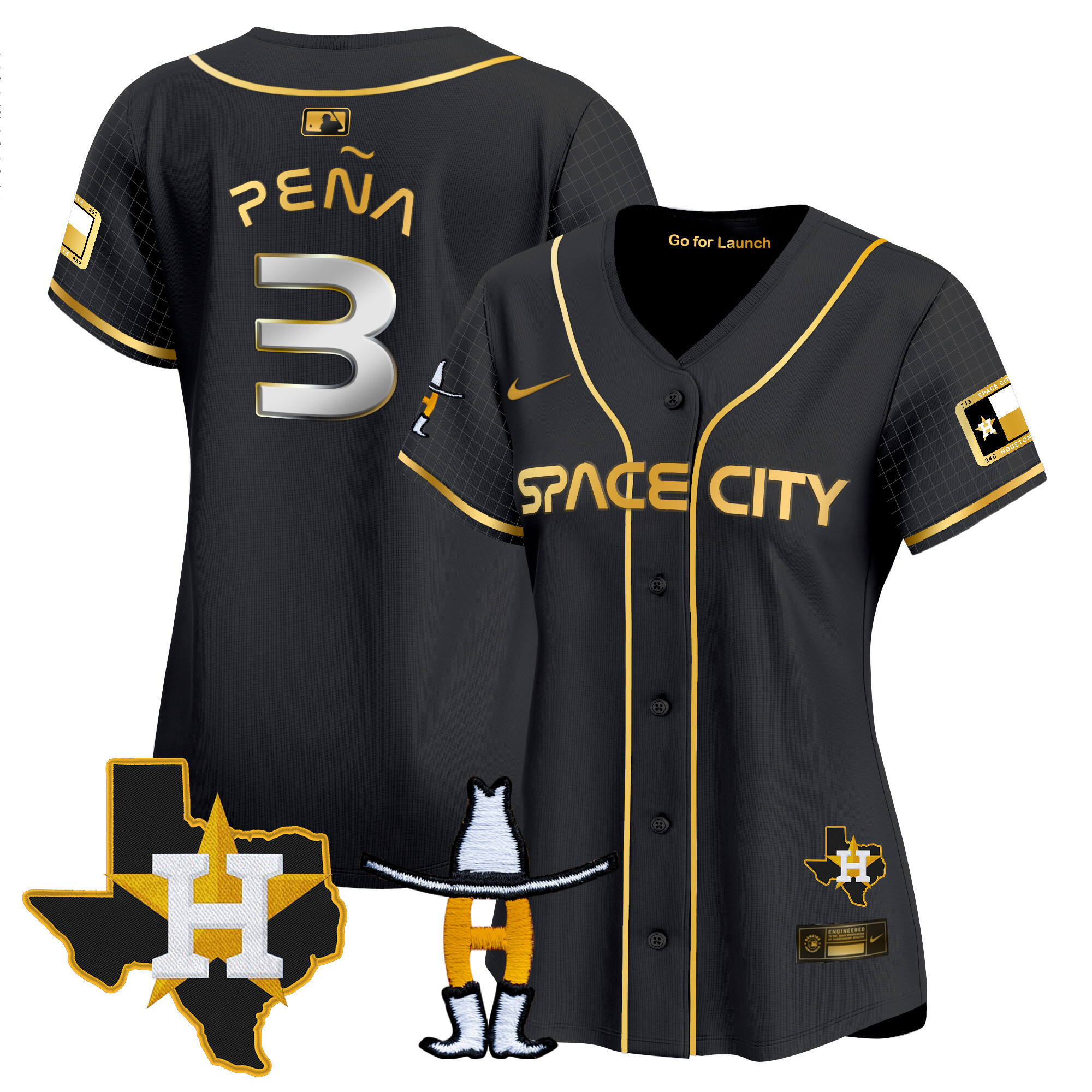 Jeremy Pena Women's Houston Astros Space City Texas Patch Vapor Premier Limited Black Gold Jersey - All Stitched