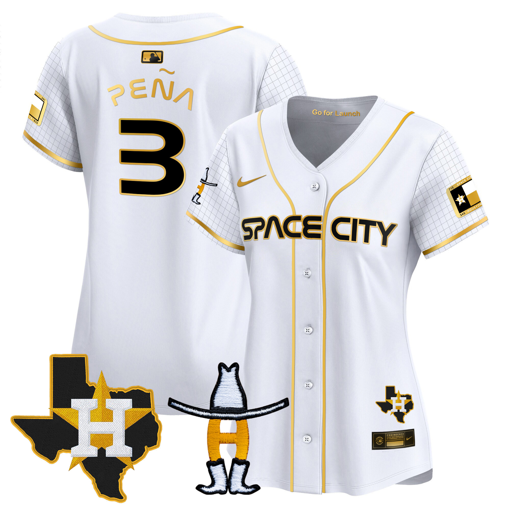 Jeremy Pena Women's Houston Astros Space City Texas Patch Vapor Premier Limited White Gold Jersey - All Stitched