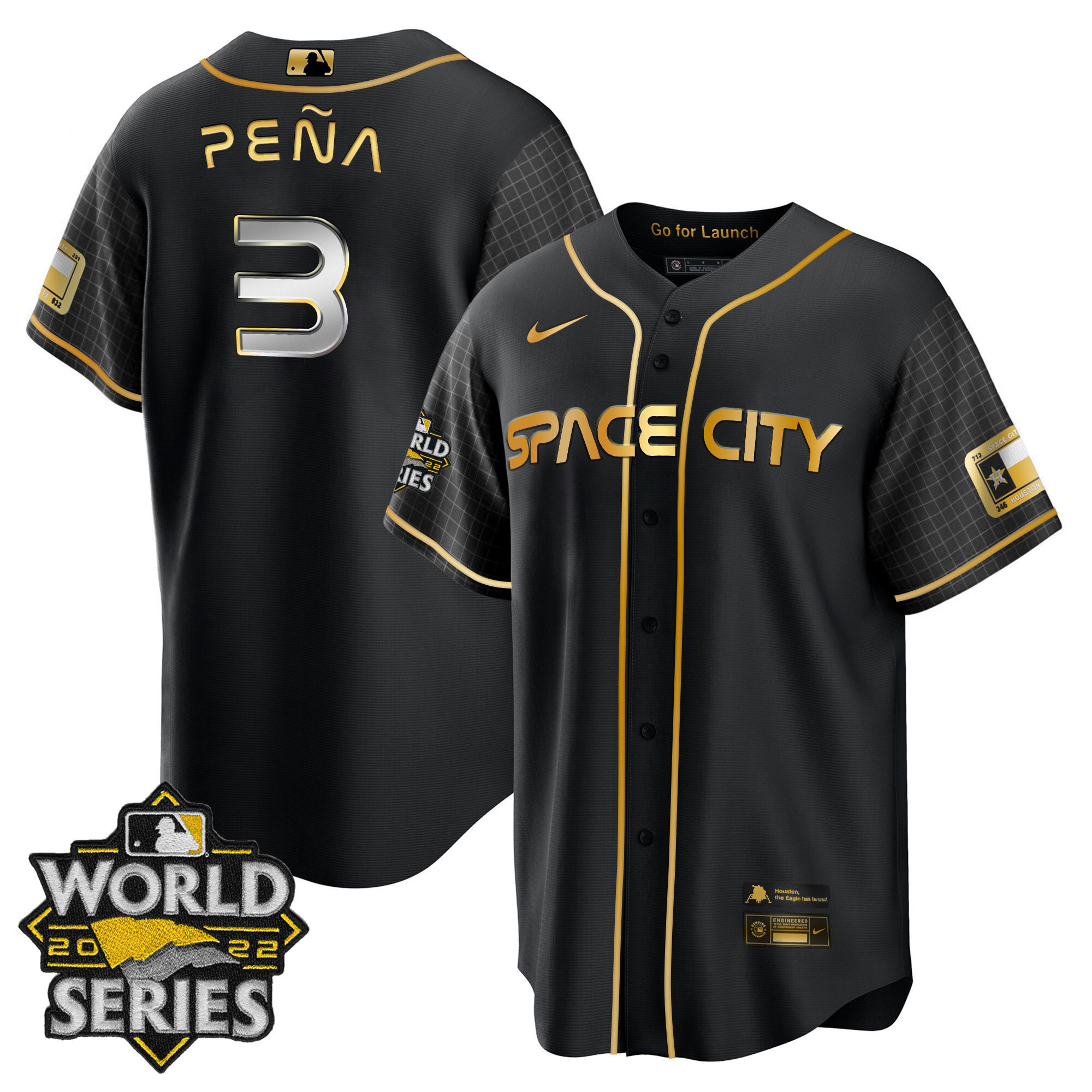 Jeremy Pena Youth's Houston Astros Space City Gold 2022 World Series Cool Black Jersey - All Stitched