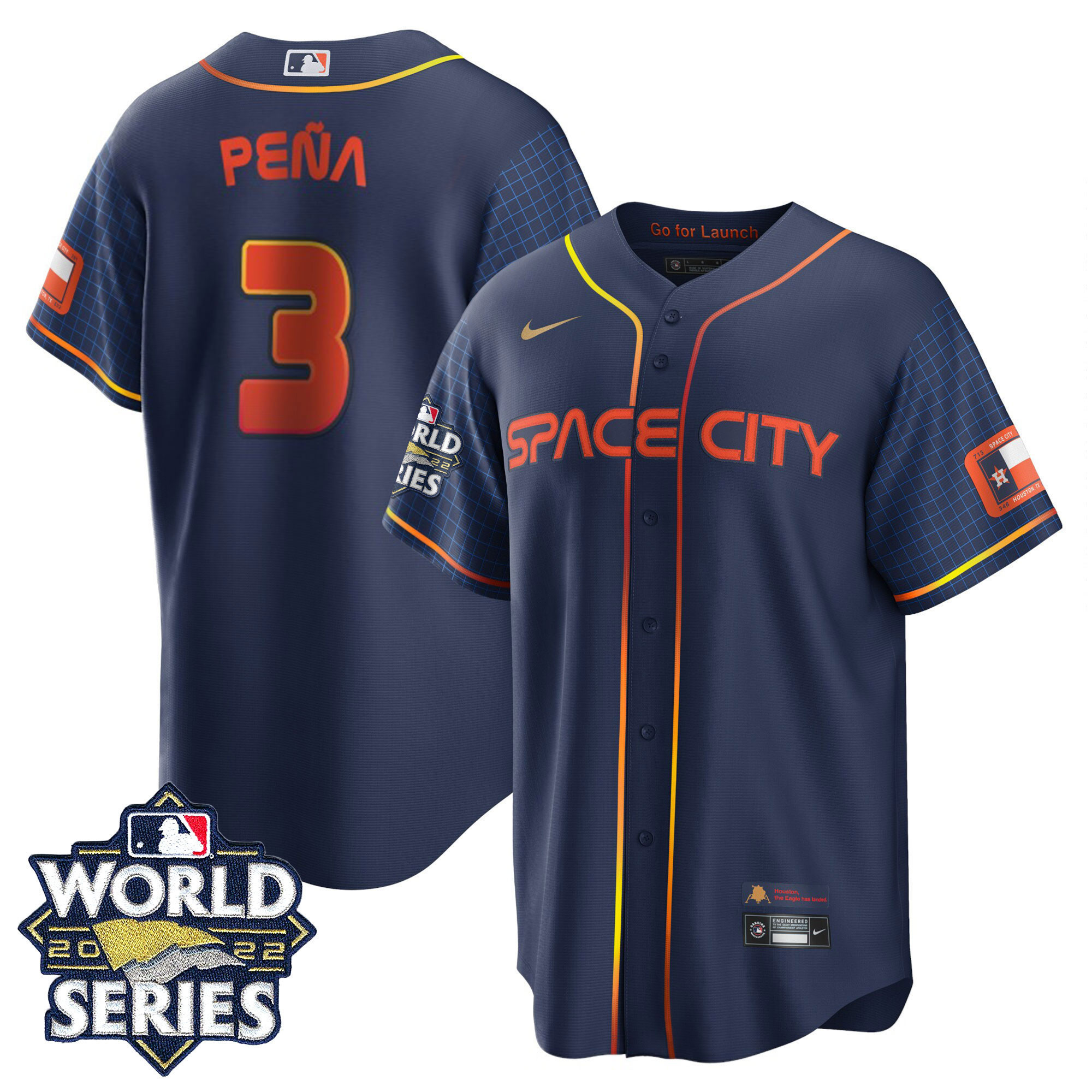 Jeremy Pena Youth's Houston Astros Space City Gold 2022 World Series Cool Navy Jersey - All Stitched