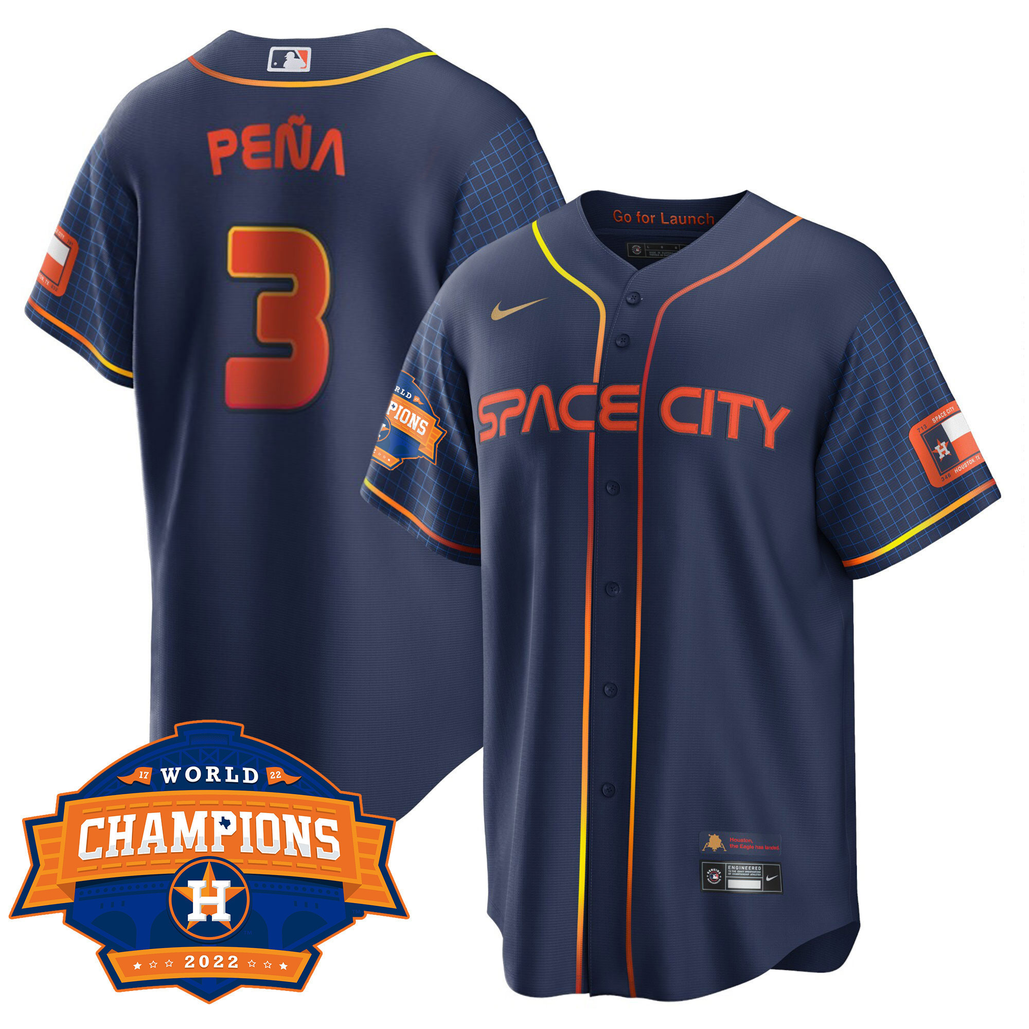 Jeremy PenaYouth's Houston Astros Space City 2022 World Series Champions Patch Limited Cool Navy Jersey ñ All Stitched