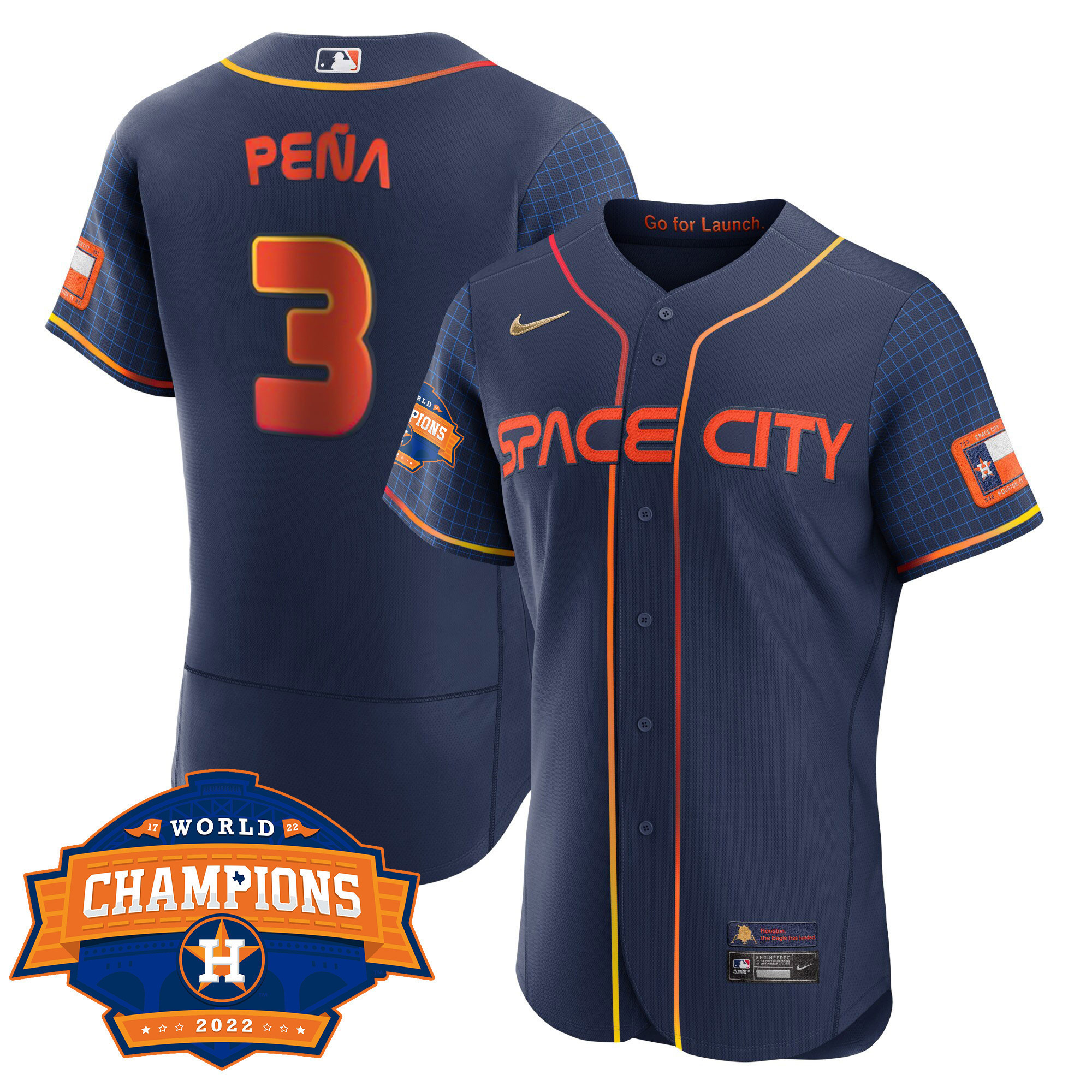 Jeremy PenaYouth's Houston Astros Space City 2022 World Series Champions Patch Limited Flex Navy Jersey ñ All Stitched