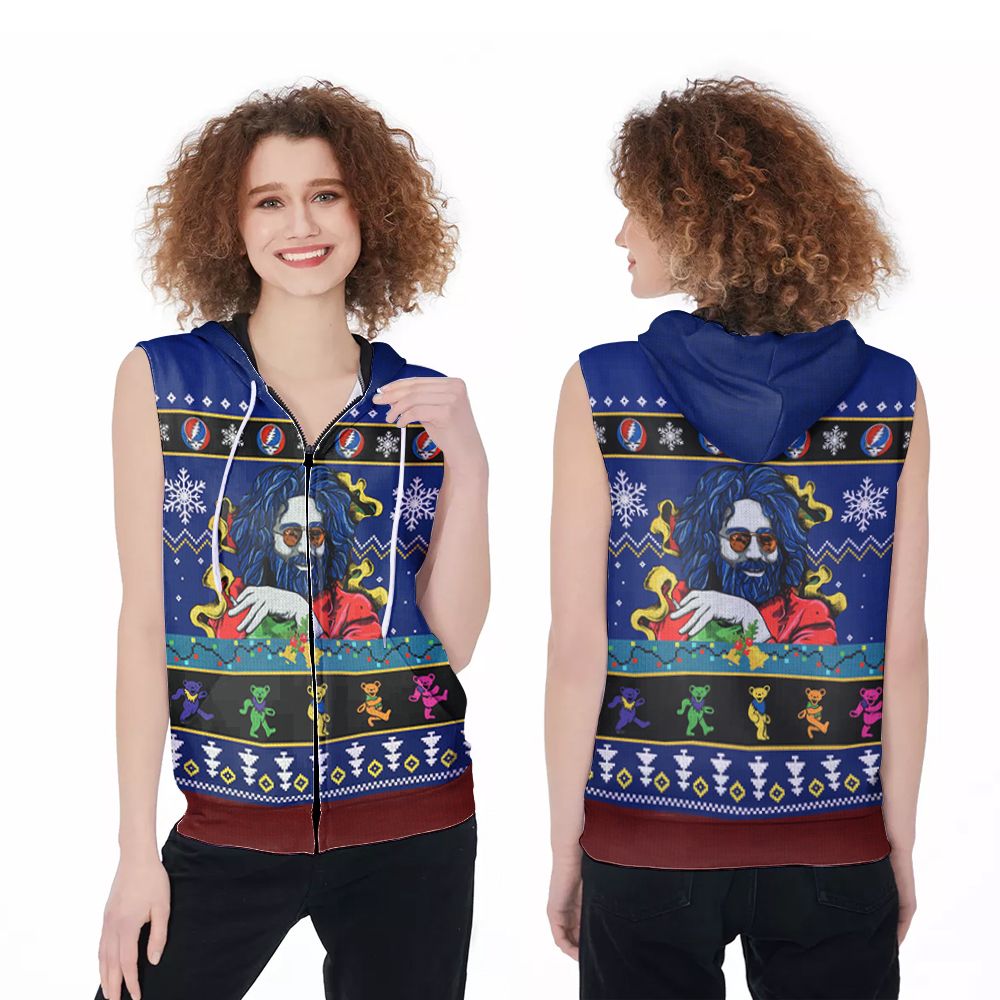 Jerry Garcia Grateful Dead Christmas Bears Christmas Pattern 3D Printed Gift For Grateful Dead Fan Zip Sleeveless Hoodie