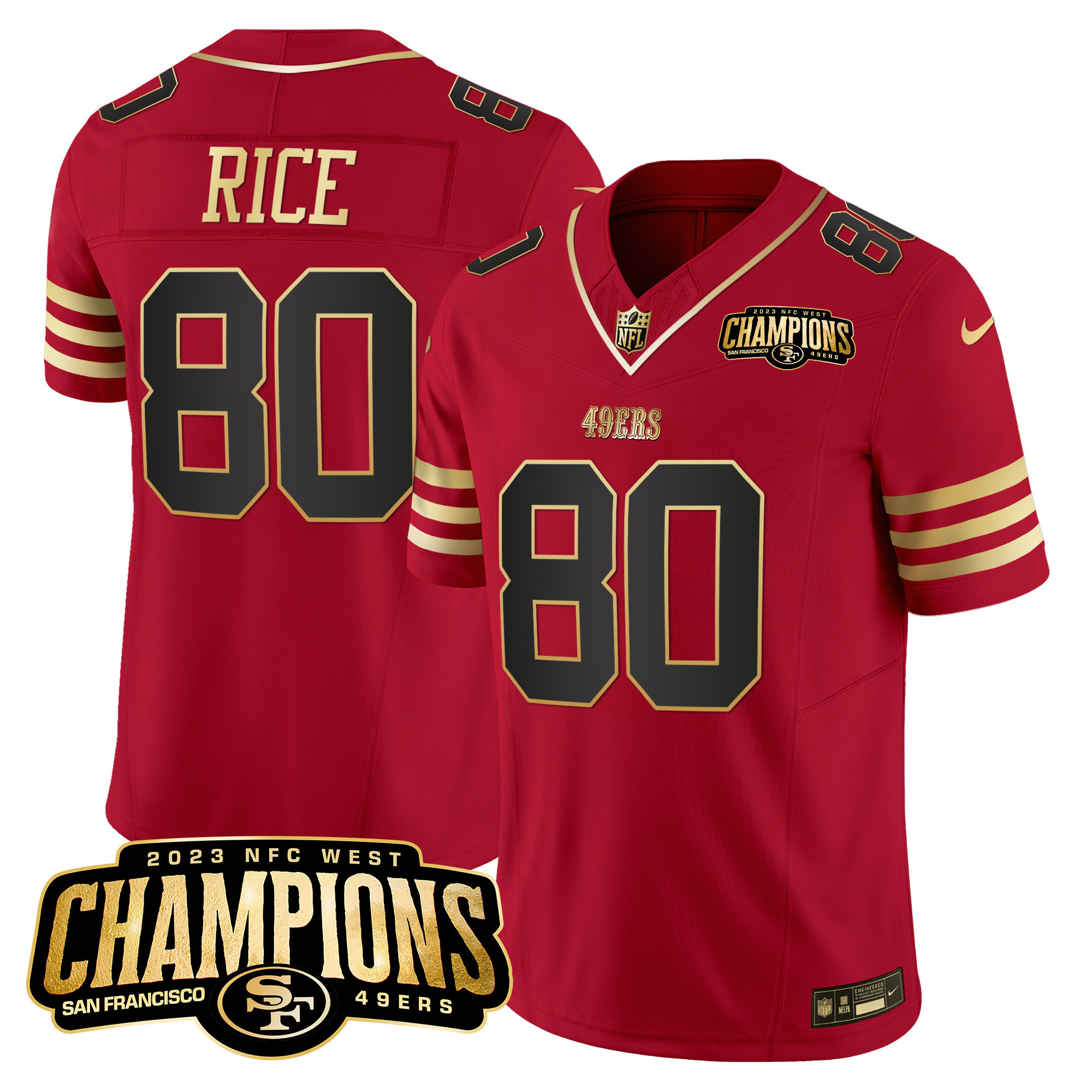 Jerry Rice Men's San Francisco 49ers 2023 NFC West Champions Patch Vapor Black Scarlet Jersey - All Stitched 