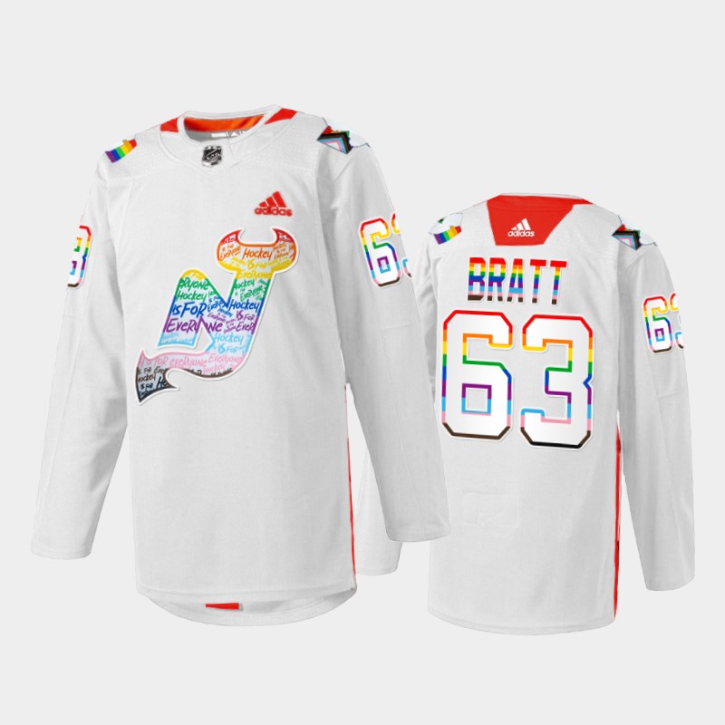 Jesper Bratt New Jersey Devils LGBTQ Pride Night 2022 Jersey White #63 Warmup