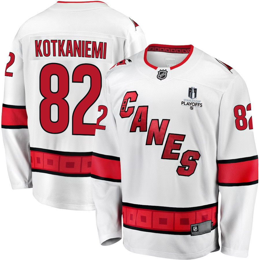 Jesperi Kotkaniemi 82 Carolina Hurricanes Stanley Cup 2023 Playoffs Patch Away Breakaway Men Stitched Jersey – White