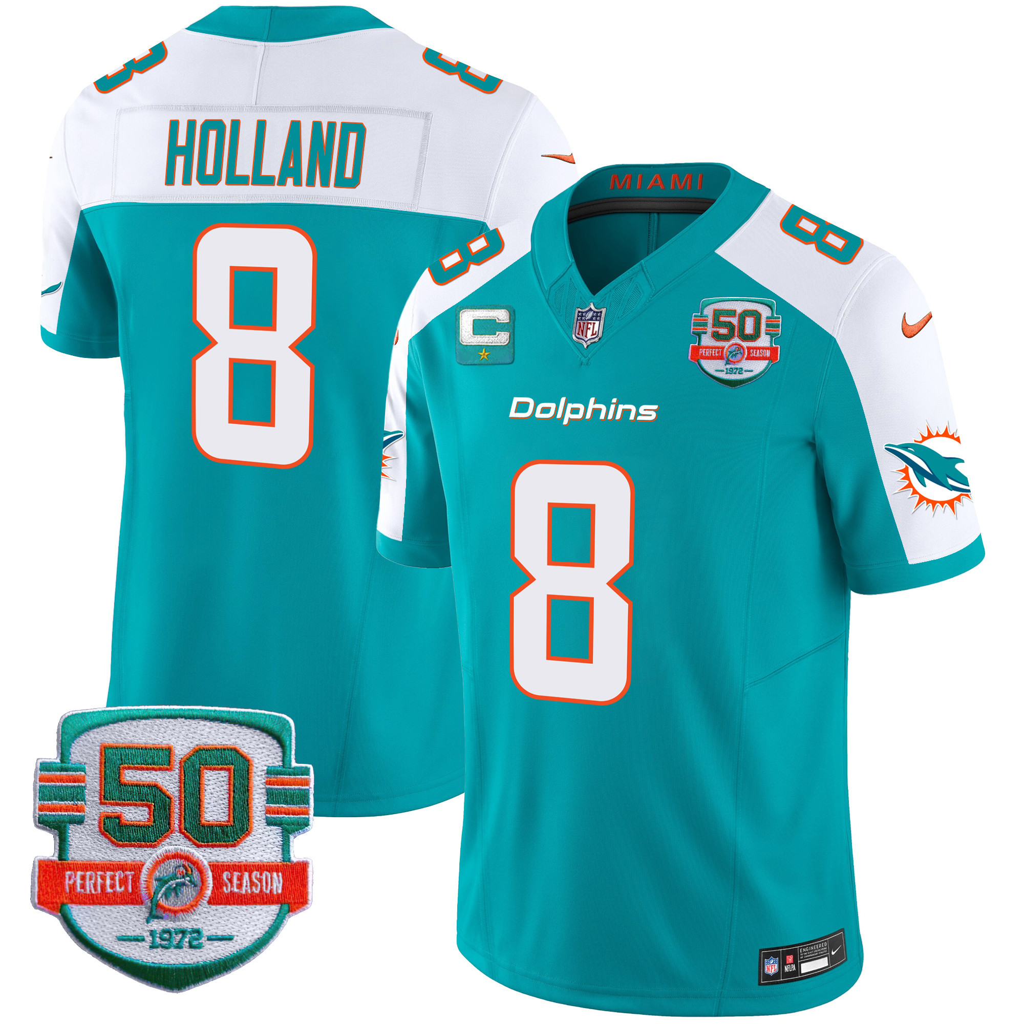 Jevon Holland Men's Miami Dolphins 50th 1972 Perfect Season Patch Vapor Aqua Alternate Jersey - All Stitched 
