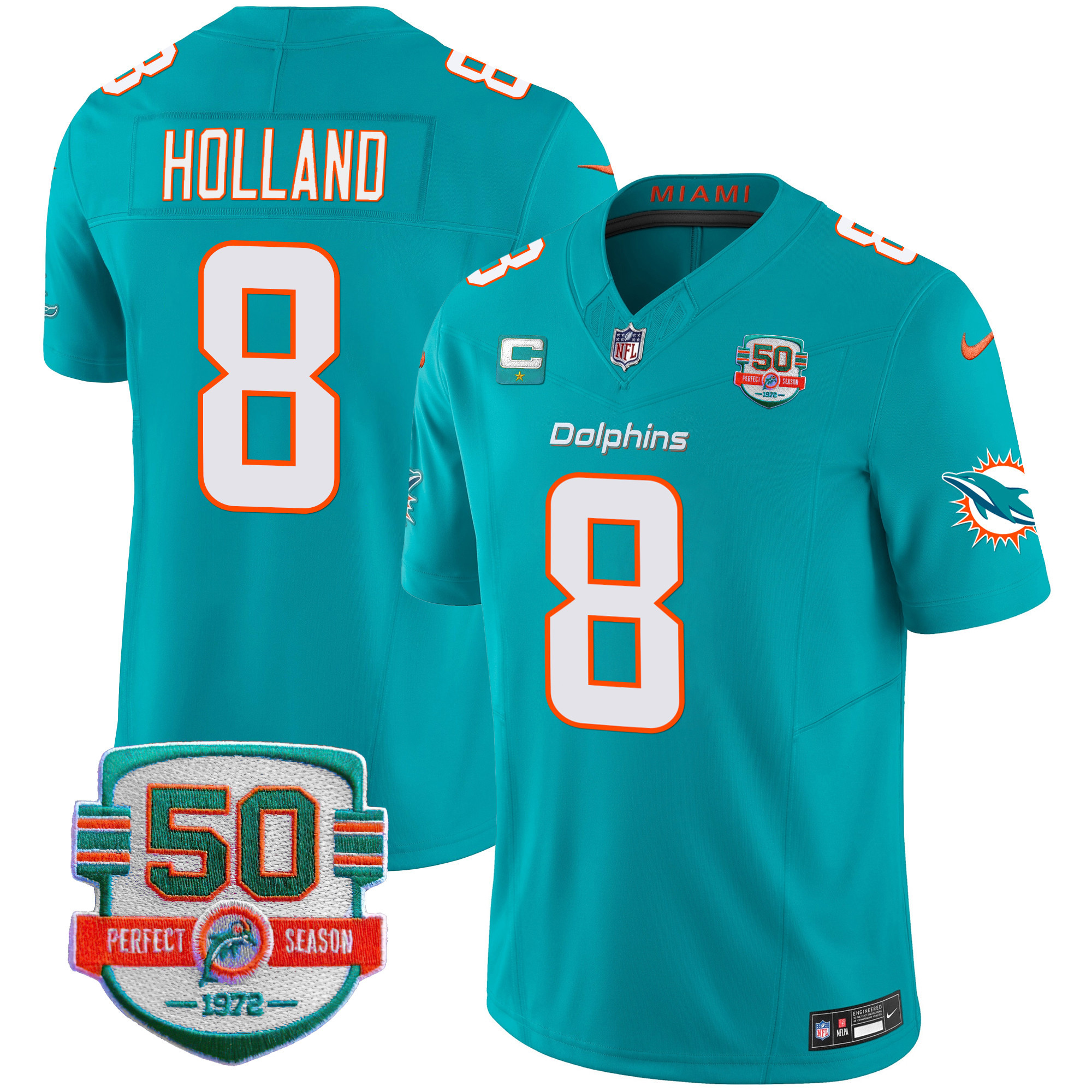 Jevon Holland Men's Miami Dolphins 50th 1972 Perfect Season Patch Vapor Aqua Jersey - All Stitched 