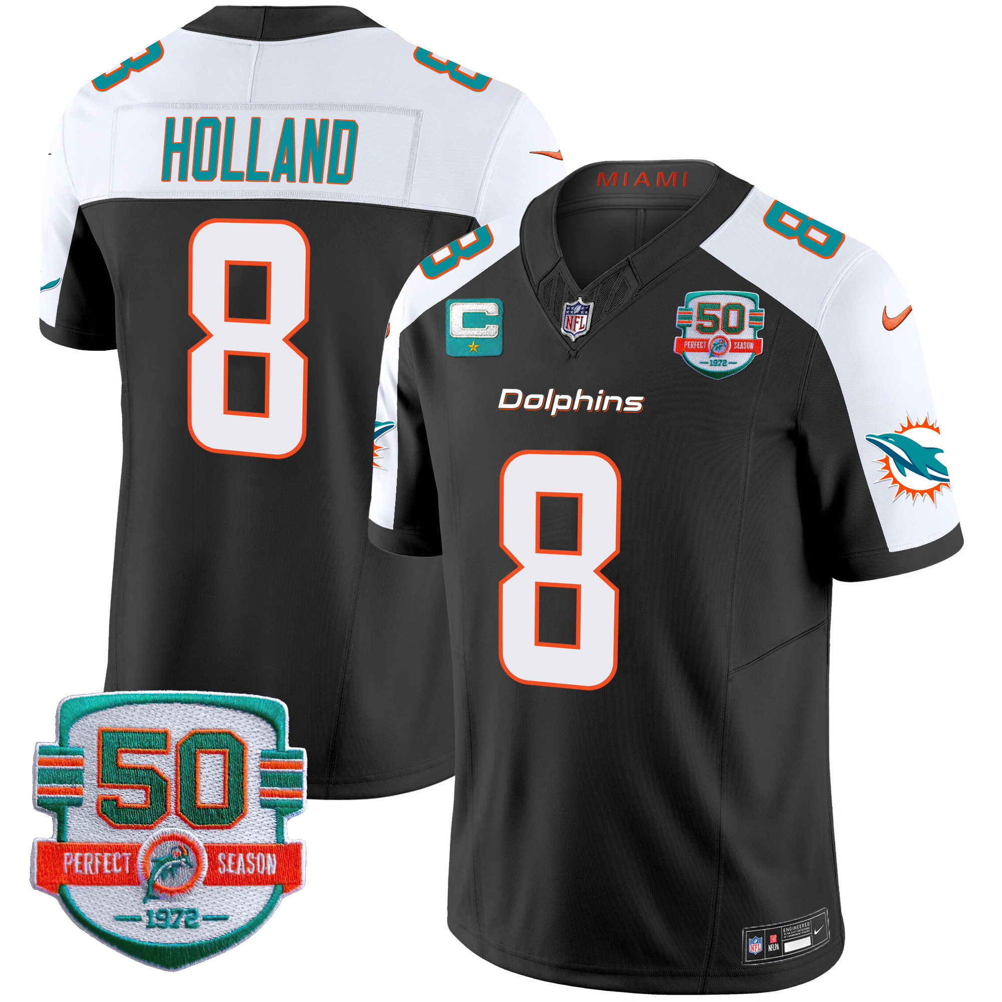 Jevon Holland Men's Miami Dolphins 50th 1972 Perfect Season Patch Vapor Black Alternate Jersey - All Stitched 