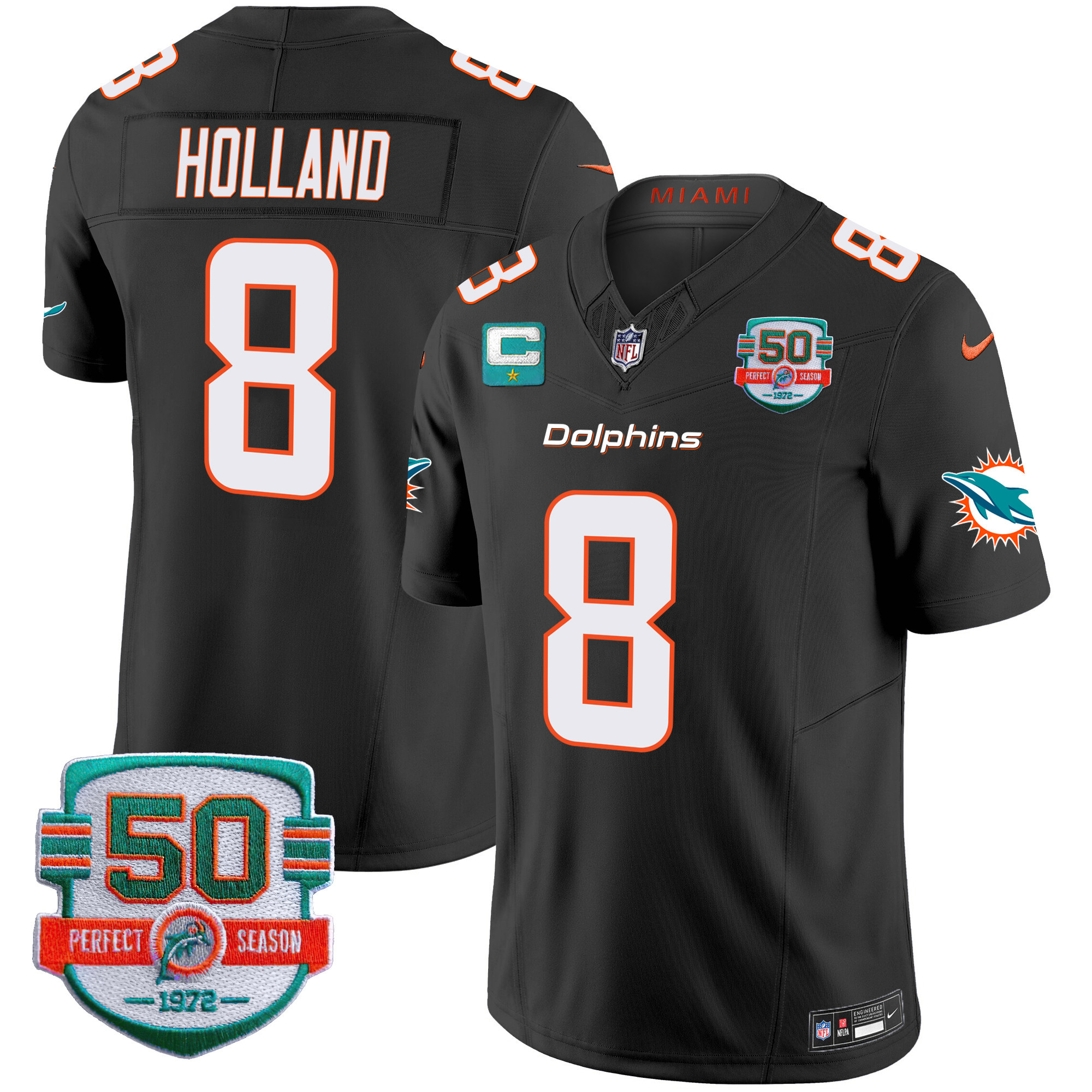 Jevon Holland Men's Miami Dolphins 50th 1972 Perfect Season Patch Vapor Black Jersey - All Stitched 