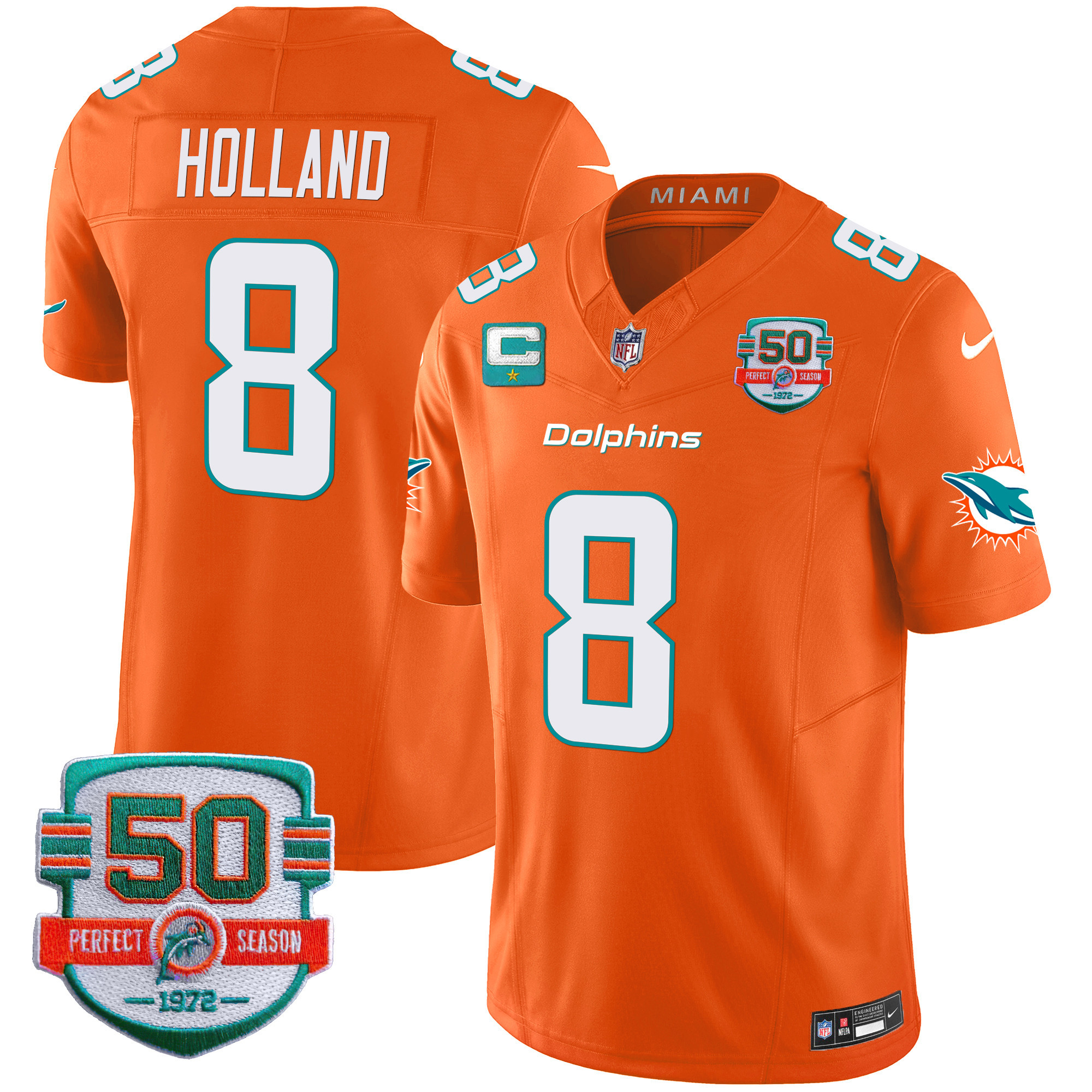 Jevon Holland Men's Miami Dolphins 50th 1972 Perfect Season Patch Vapor Orange Jersey - All Stitched 