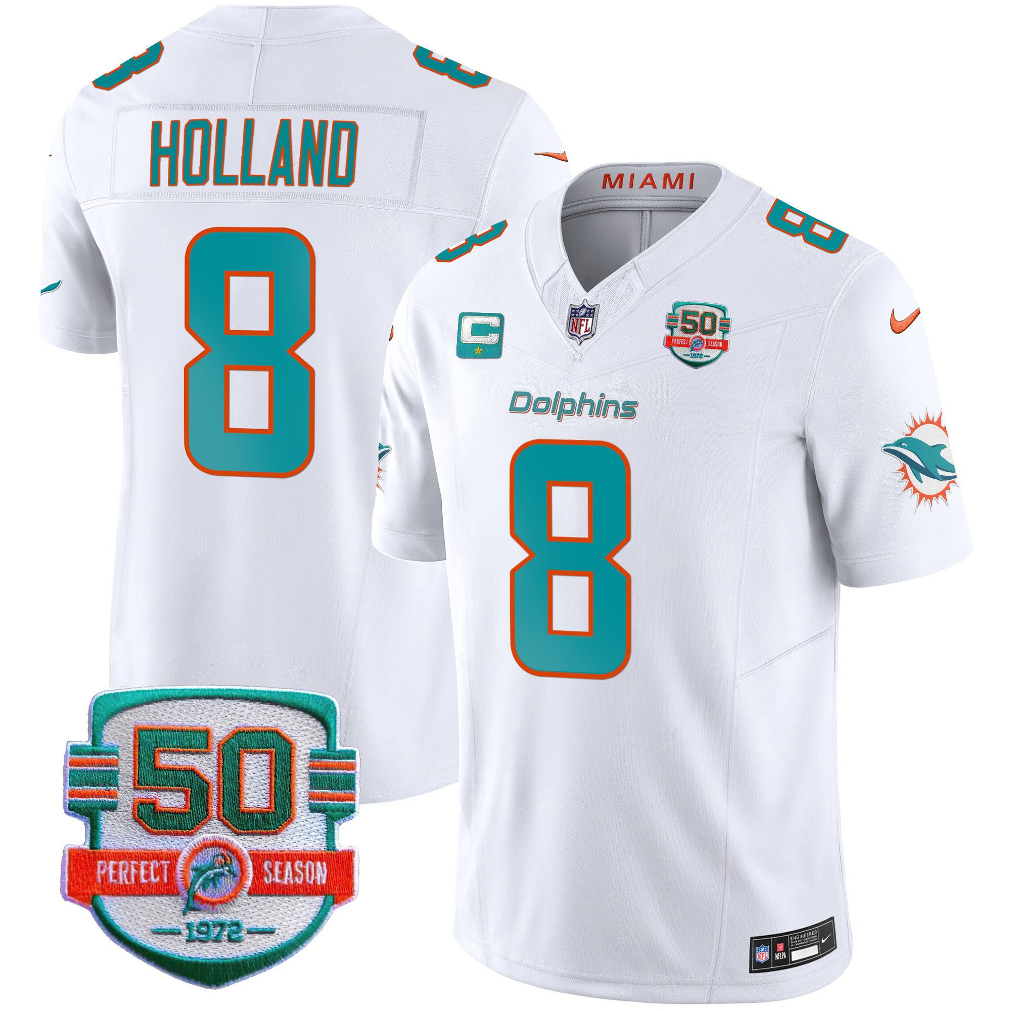Jevon Holland Men's Miami Dolphins 50th 1972 Perfect Season Patch Vapor White Jersey - All Stitched 