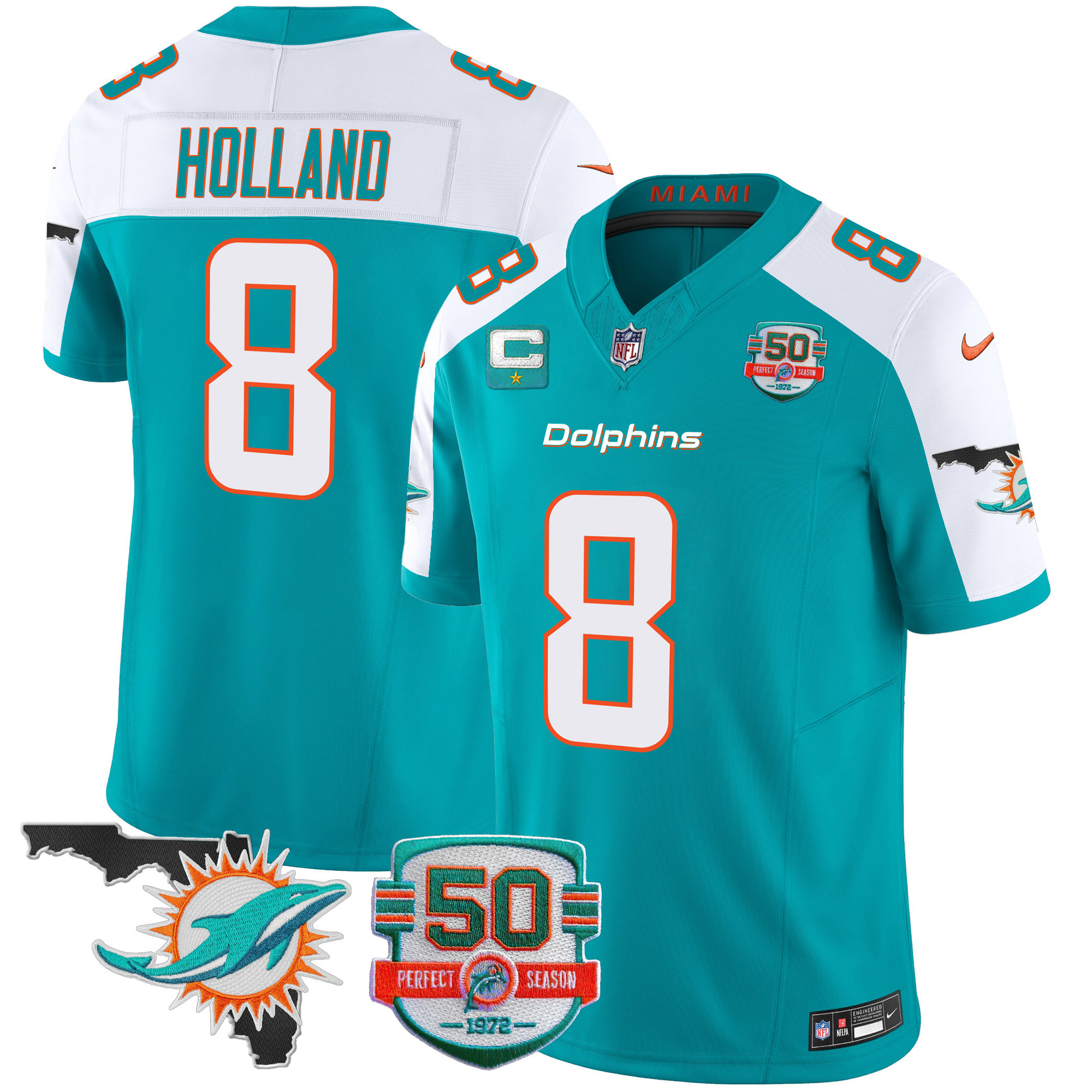 Jevon Holland Men's Miami Dolphins 50th Perfect Season & Florida Patch Vapor Aqua Alternate Jersey - All Stitched 