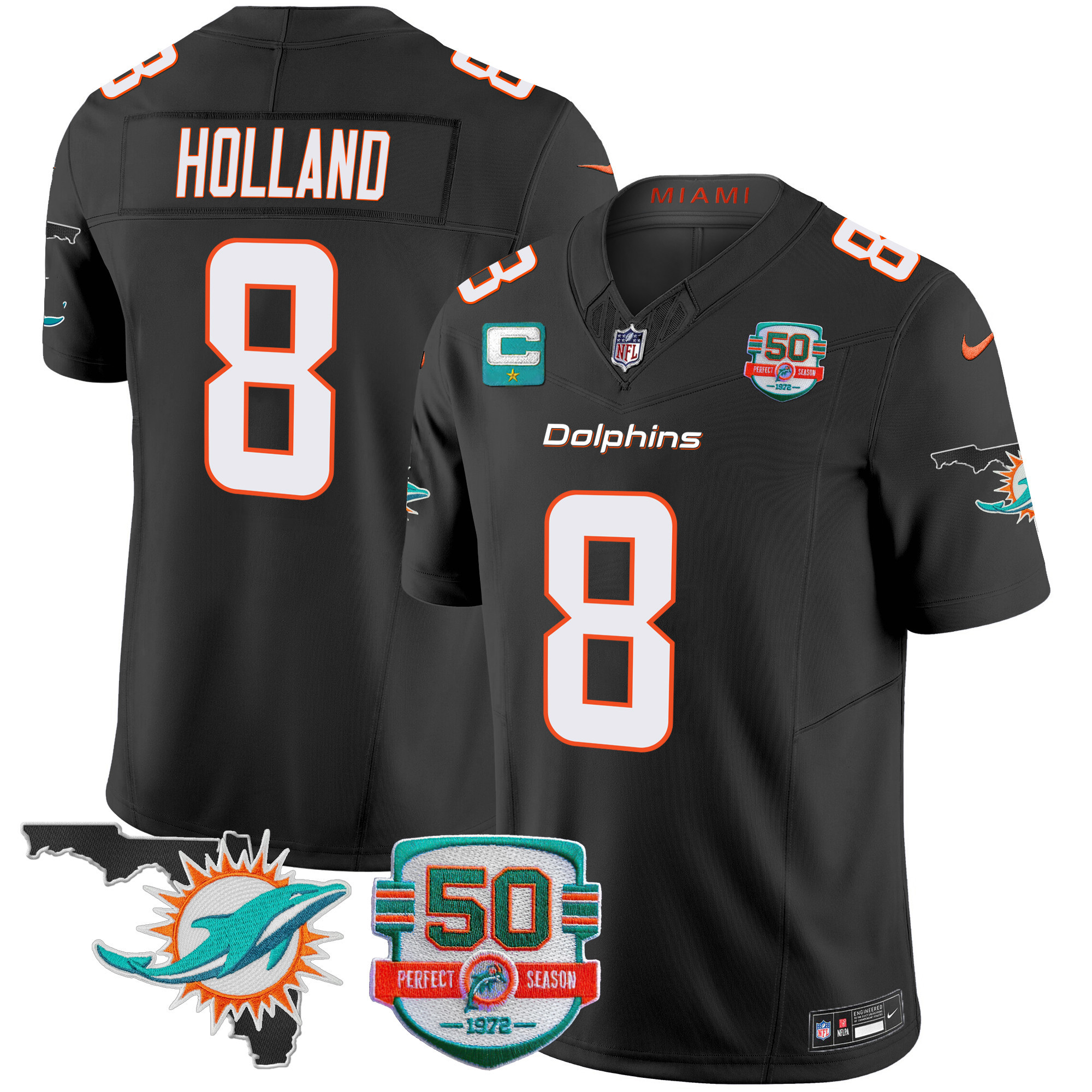 Jevon Holland Men's Miami Dolphins 50th Perfect Season & Florida Patch Vapor Black Jersey - All Stitched 