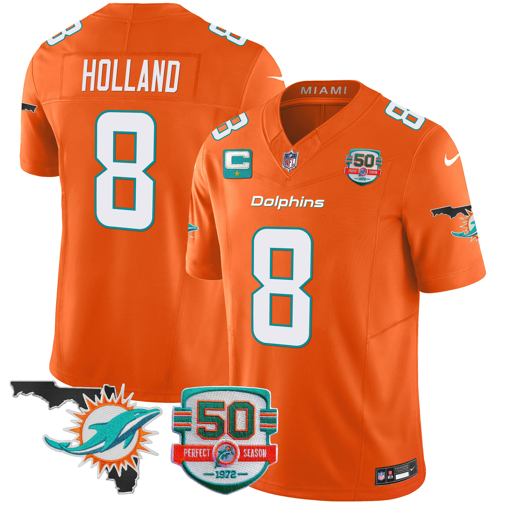 Jevon Holland Men's Miami Dolphins 50th Perfect Season & Florida Patch Vapor Orange Jersey - All Stitched 