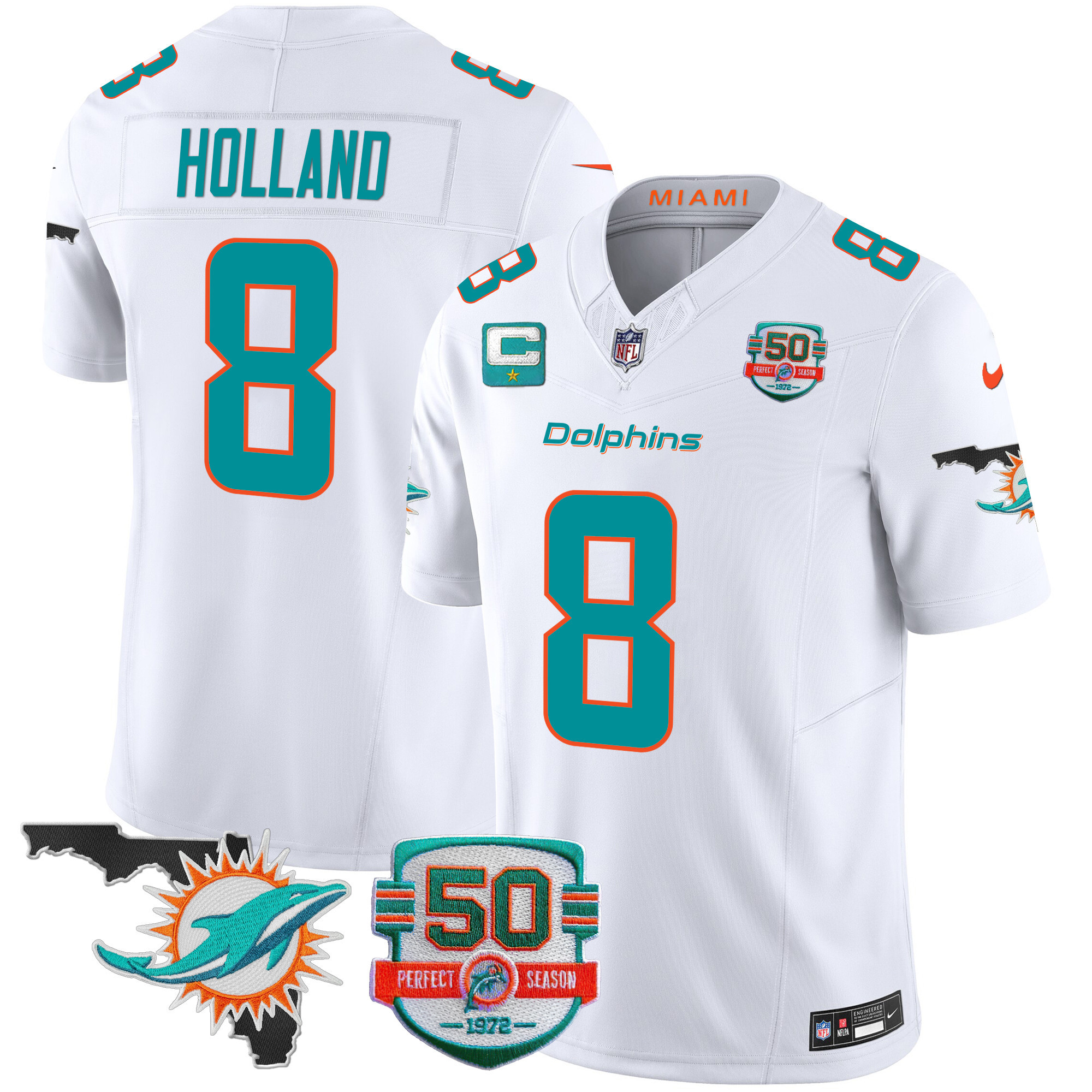 Jevon Holland Men's Miami Dolphins 50th Perfect Season & Florida Patch Vapor White Jersey - All Stitched 