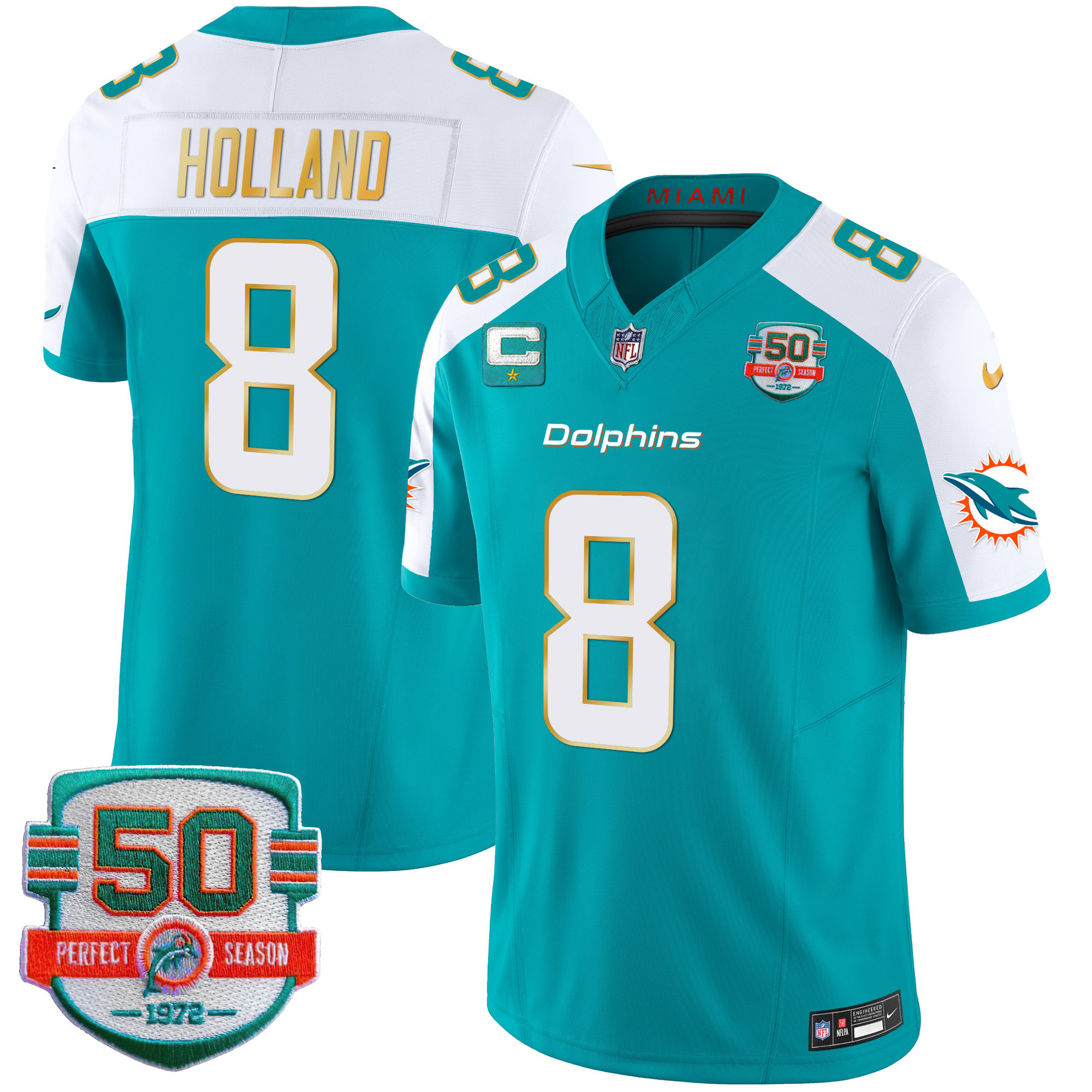 Jevon Holland Men's Miami Dolphins Gold Trim Vapor Limited Aqua Alternate Jersey - All Stitched 