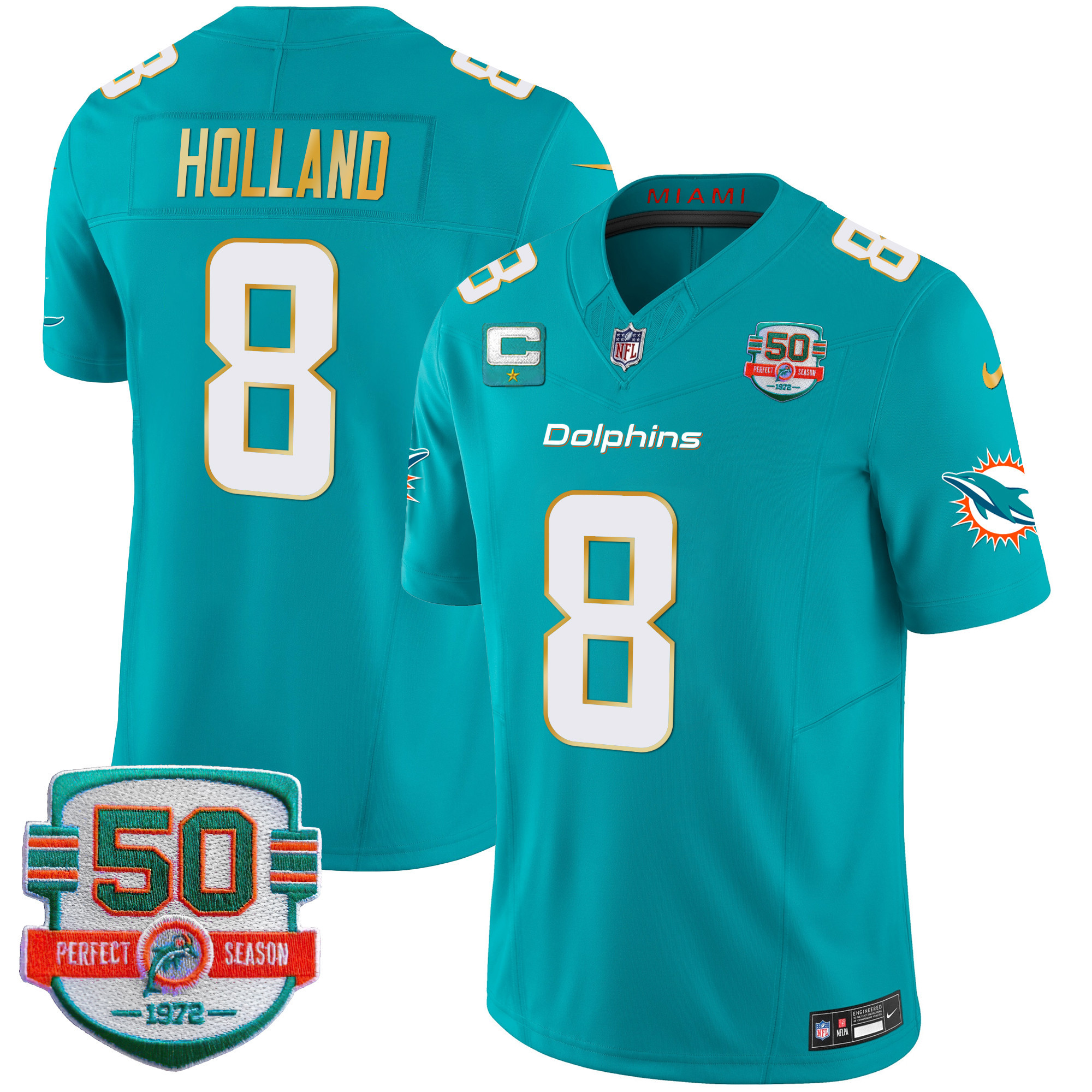 Jevon Holland Men's Miami Dolphins Gold Trim Vapor Limited Aqua Jersey - All Stitched 