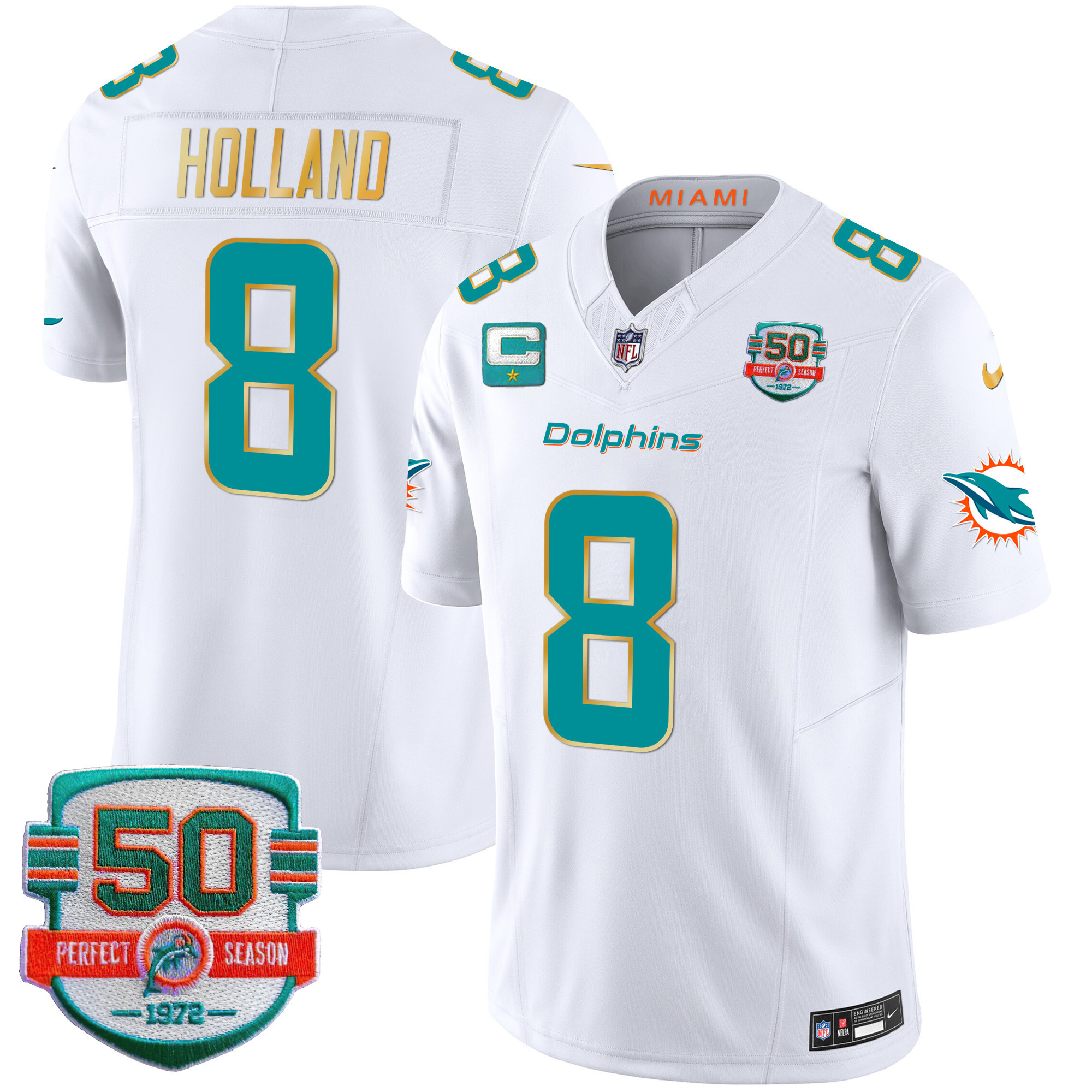 Jevon Holland Men's Miami Dolphins Gold Trim Vapor Limited White Jersey - All Stitched 