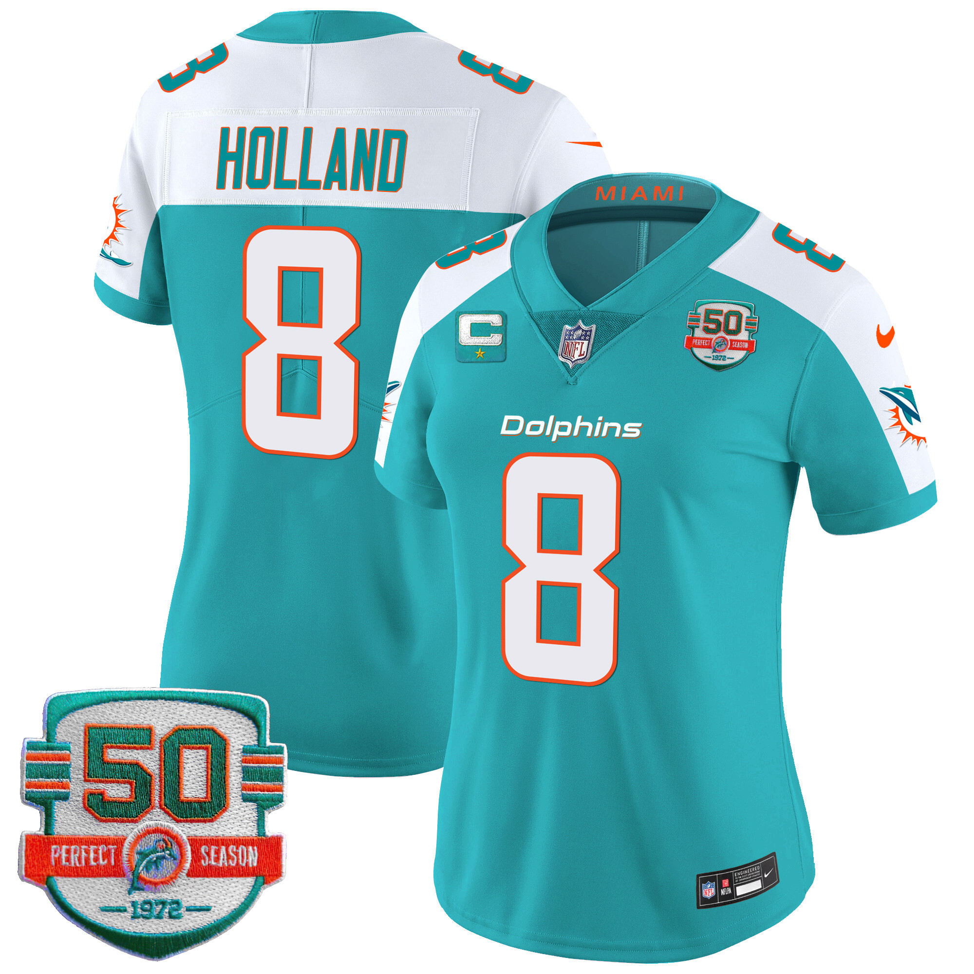 Jevon Holland Women's Miami Dolphins 50th 1972 Perfect Season Patch Vapor Aqua Alternate Jersey - All Stitched 