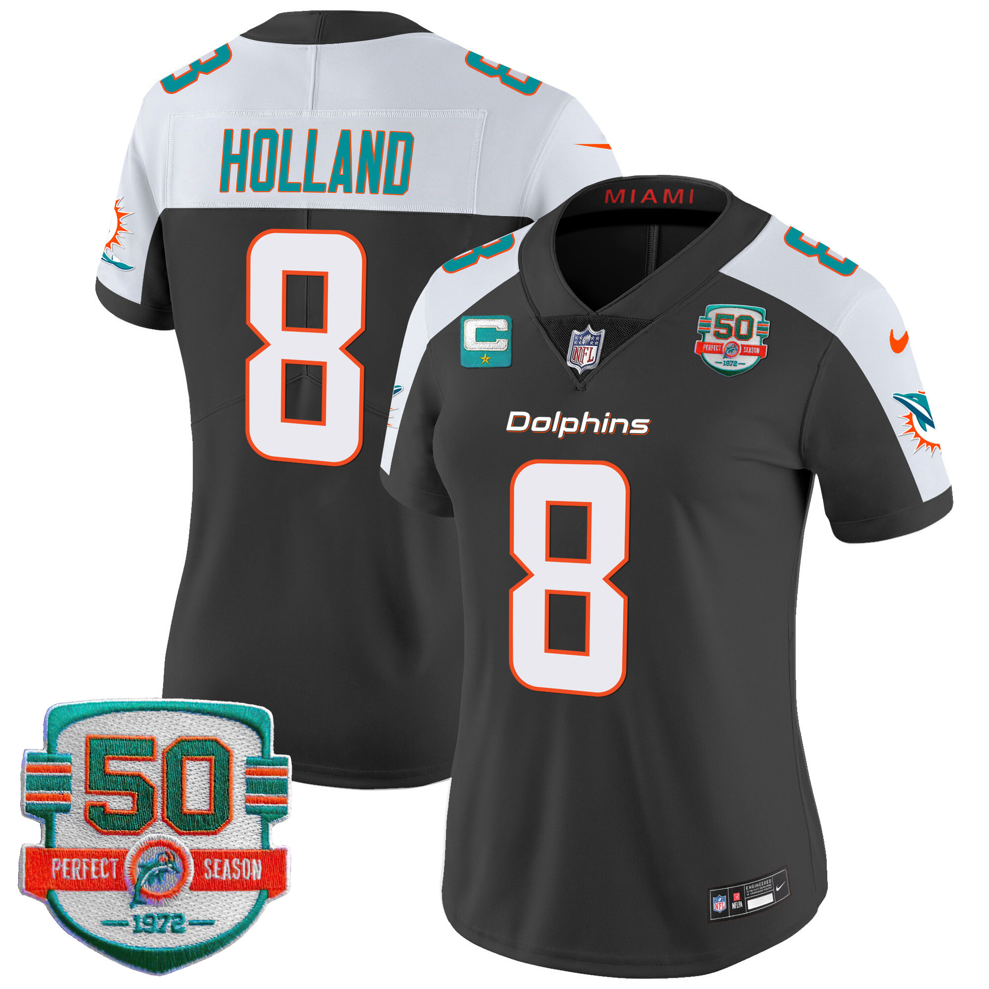Jevon Holland Women's Miami Dolphins 50th 1972 Perfect Season Patch Vapor Black Alternate Jersey - All Stitched 