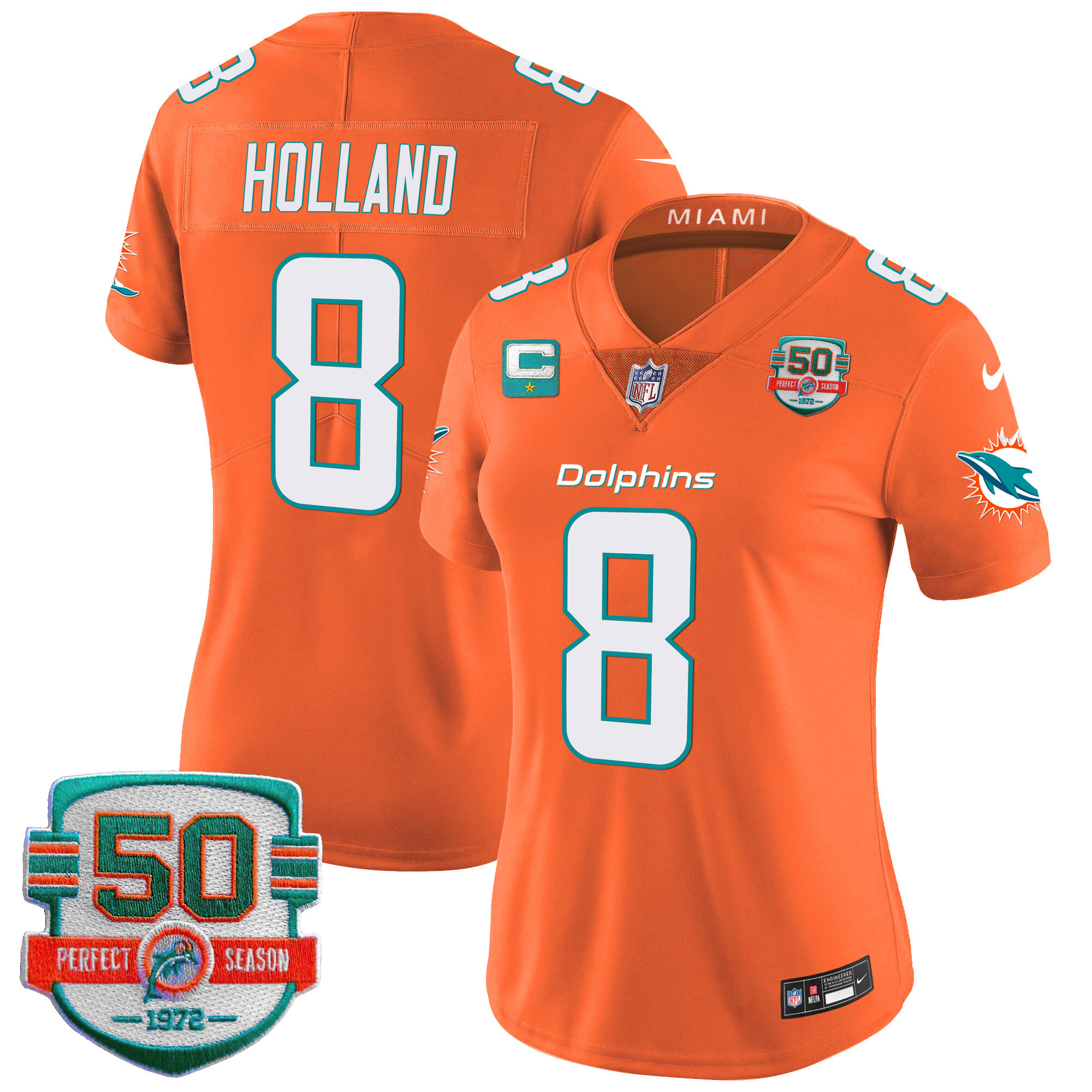 Jevon Holland Women's Miami Dolphins 50th 1972 Perfect Season Patch Vapor Orange Jersey - All Stitched 