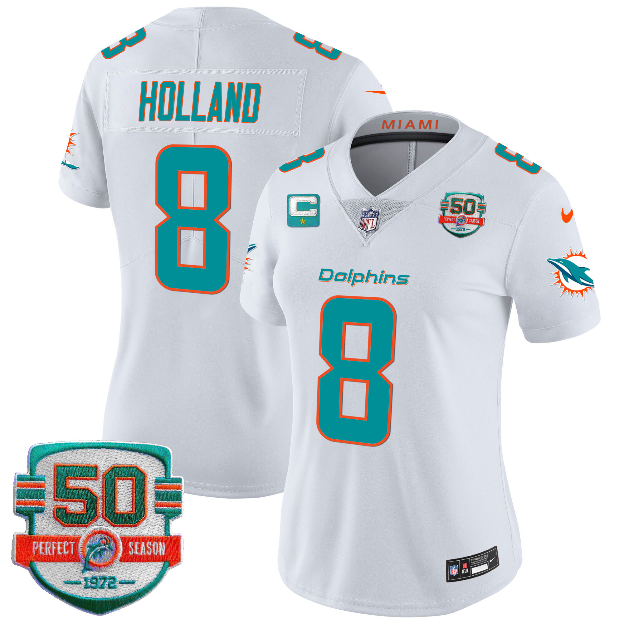 Jevon Holland Women's Miami Dolphins 50th 1972 Perfect Season Patch Vapor White Jersey - All Stitched 