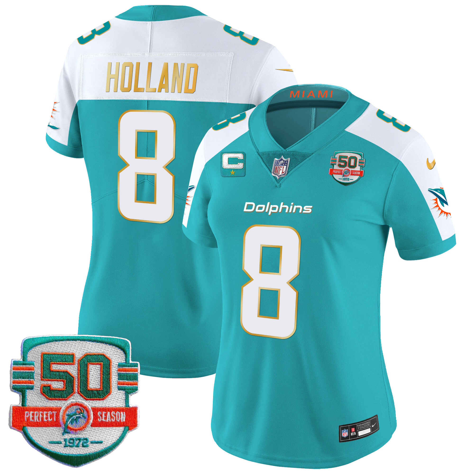 Jevon Holland Women's Miami Dolphins Gold Trim Vapor Limited Aqua Alternate Jersey - All Stitched 