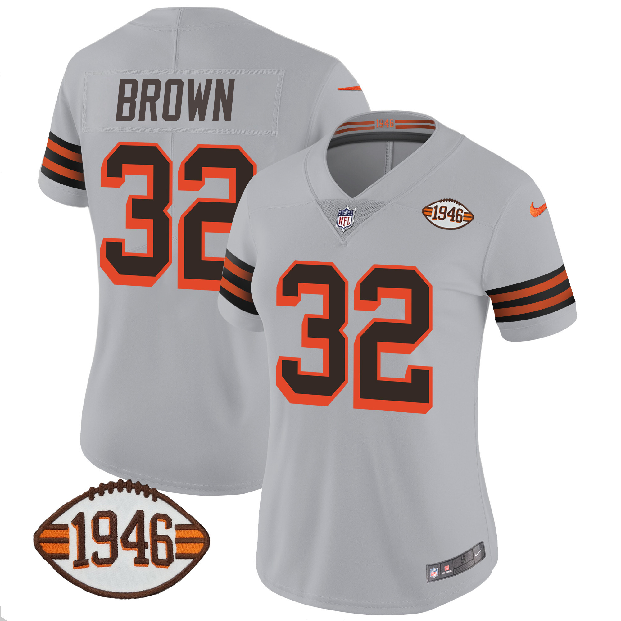 Jim Brown Women's Cleveland Browns 1946 75th Anniversary Patch Gray Jersey - All Stitched