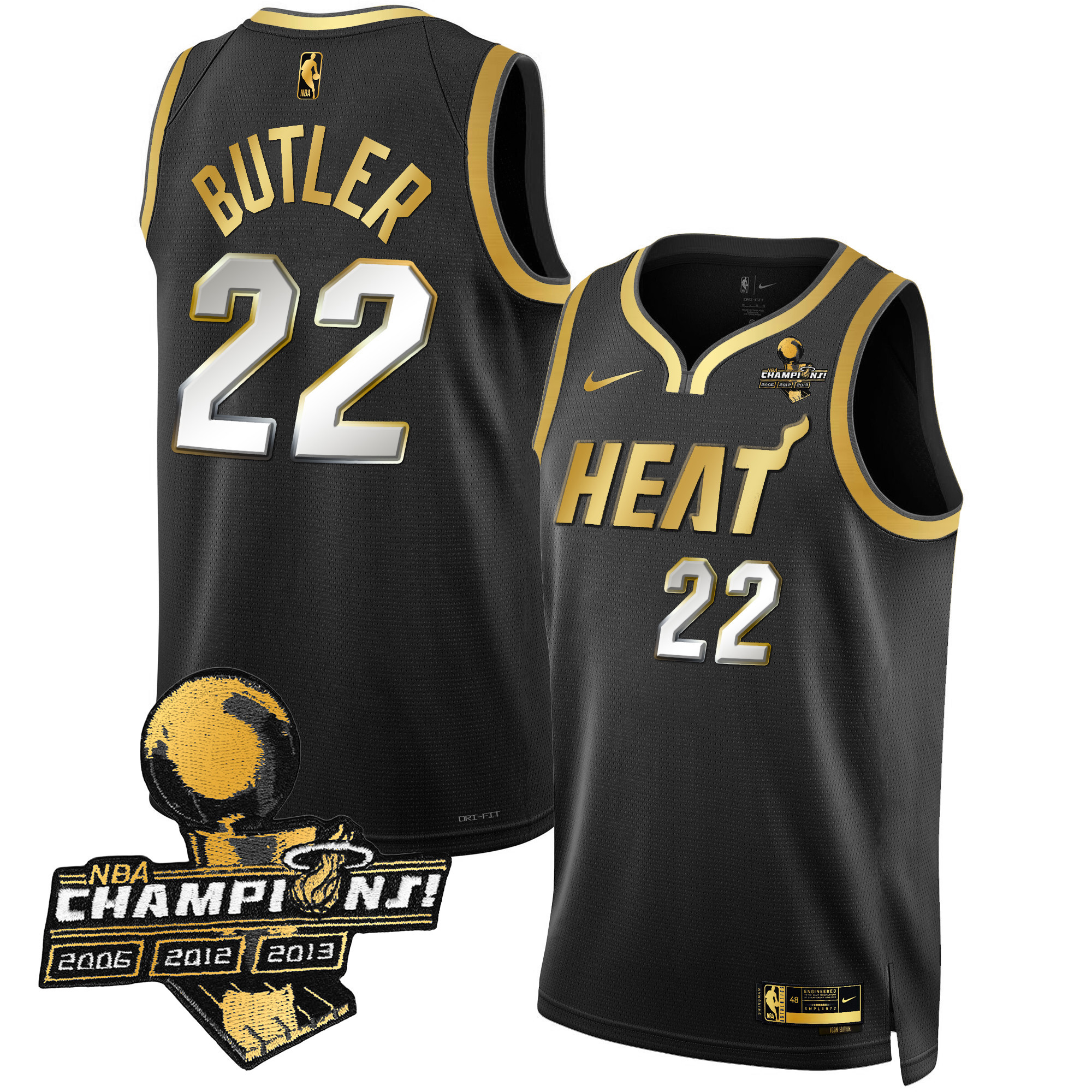 Jimmy Butler Men's Miami Heat 3-Time Champions Patch Collection Black Limited Jersey - All Stitched