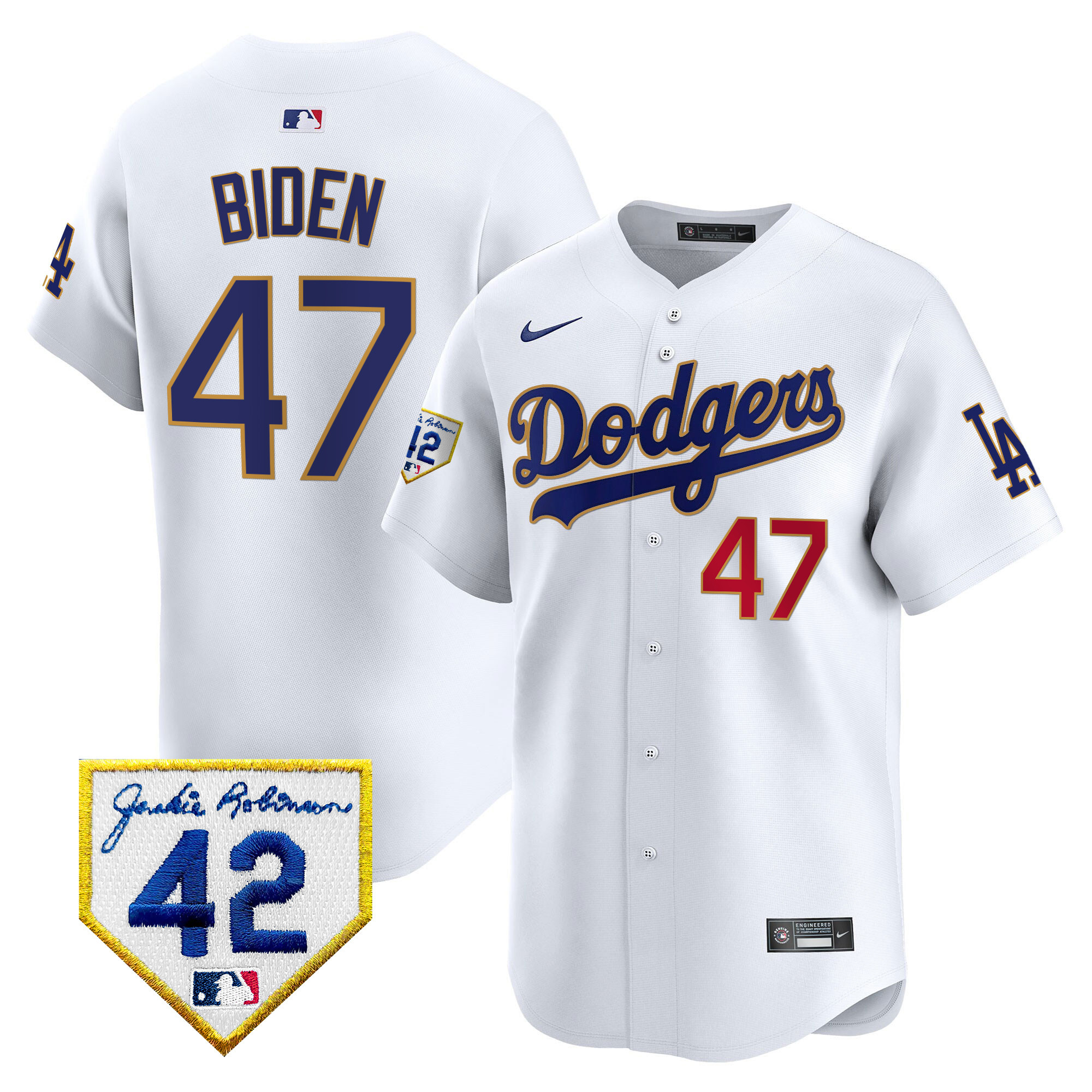 Joe Biden Men's Los Angeles Dodgers 2024 Jackie Robinson Patch Vapor Premier Limited White Jersey - All Stitched