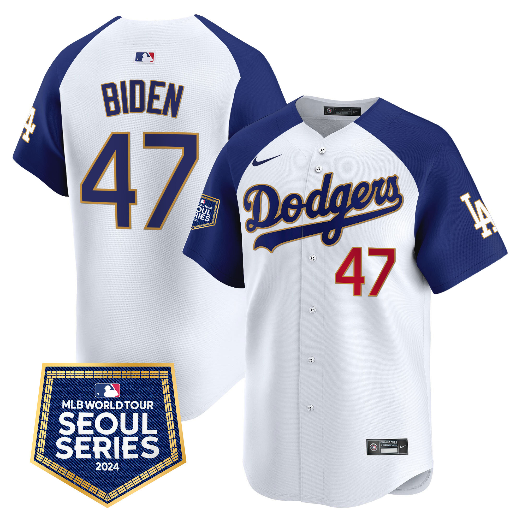 Joe Biden Men's Los Angeles Dodgers 2024 World Tour Seoul Series Patch Vapor Premier Limited White Alternate Jersey - All Stitched