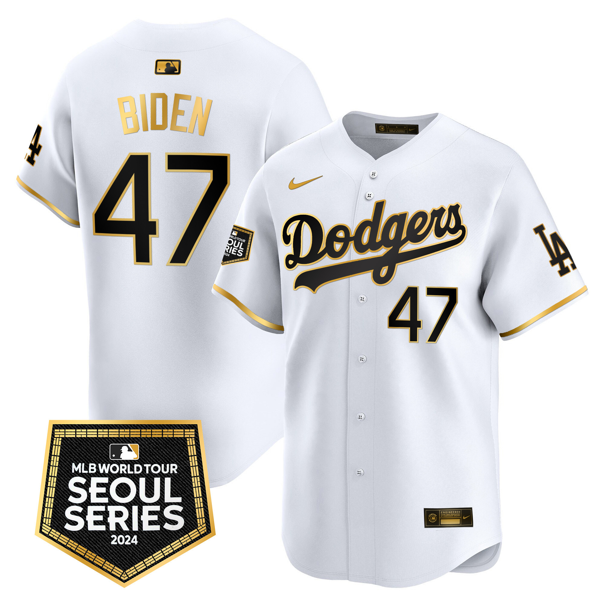 Joe Biden Men's Los Angeles Dodgers 2024 World Tour Seoul Series Patch Vapor Premier Limited White Gold Jersey - All Stitched