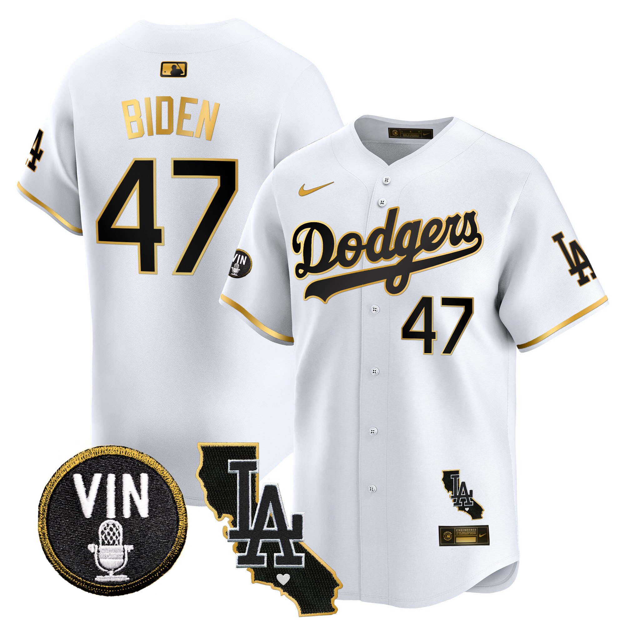 Joe Biden Men's Los Angeles Dodgers Vin & California Patch Gold Trim Vapor Premier Limited White Gold Jersey - All Stitched