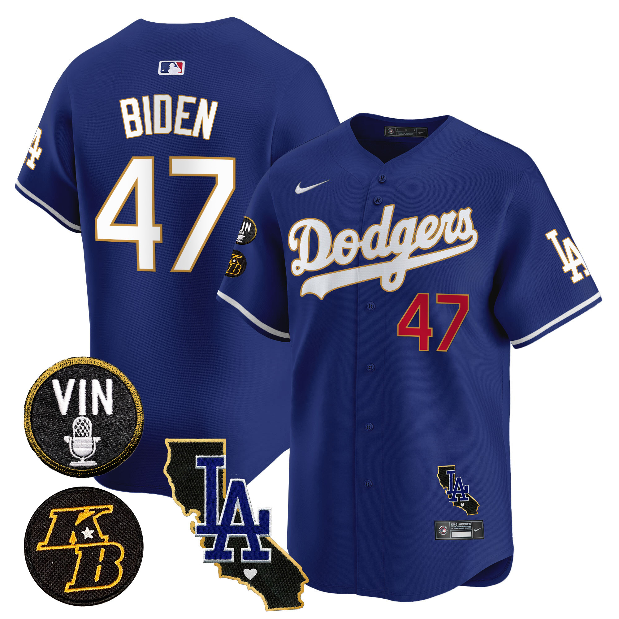 Joe Biden Men's Los Angeles Dodgers Vin & Kobe Patch Gold Trim Vapor Premier Limited V2 Royal Jersey - All Stitched